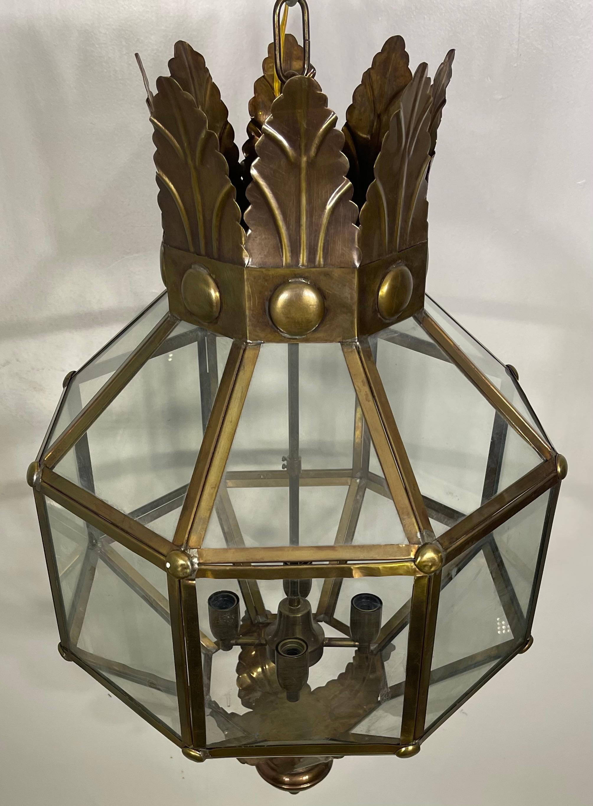 20th Century Wonderful Pair Large Octagon Brass Panel Glass Palm Beach Lanterns Fixtures For Sale