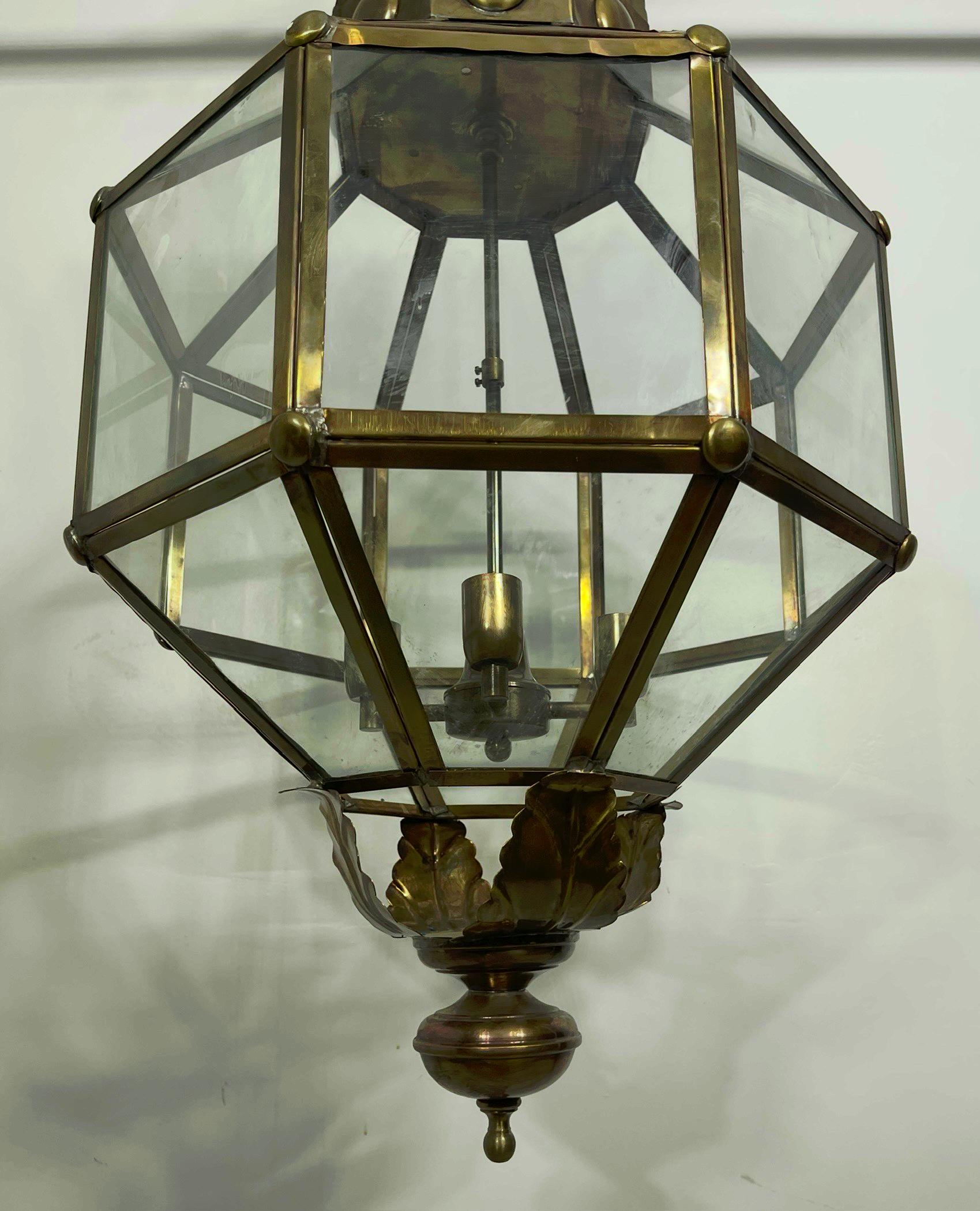 Wonderful Pair Large Octagon Brass Panel Glass Palm Beach Lanterns Fixtures For Sale 1