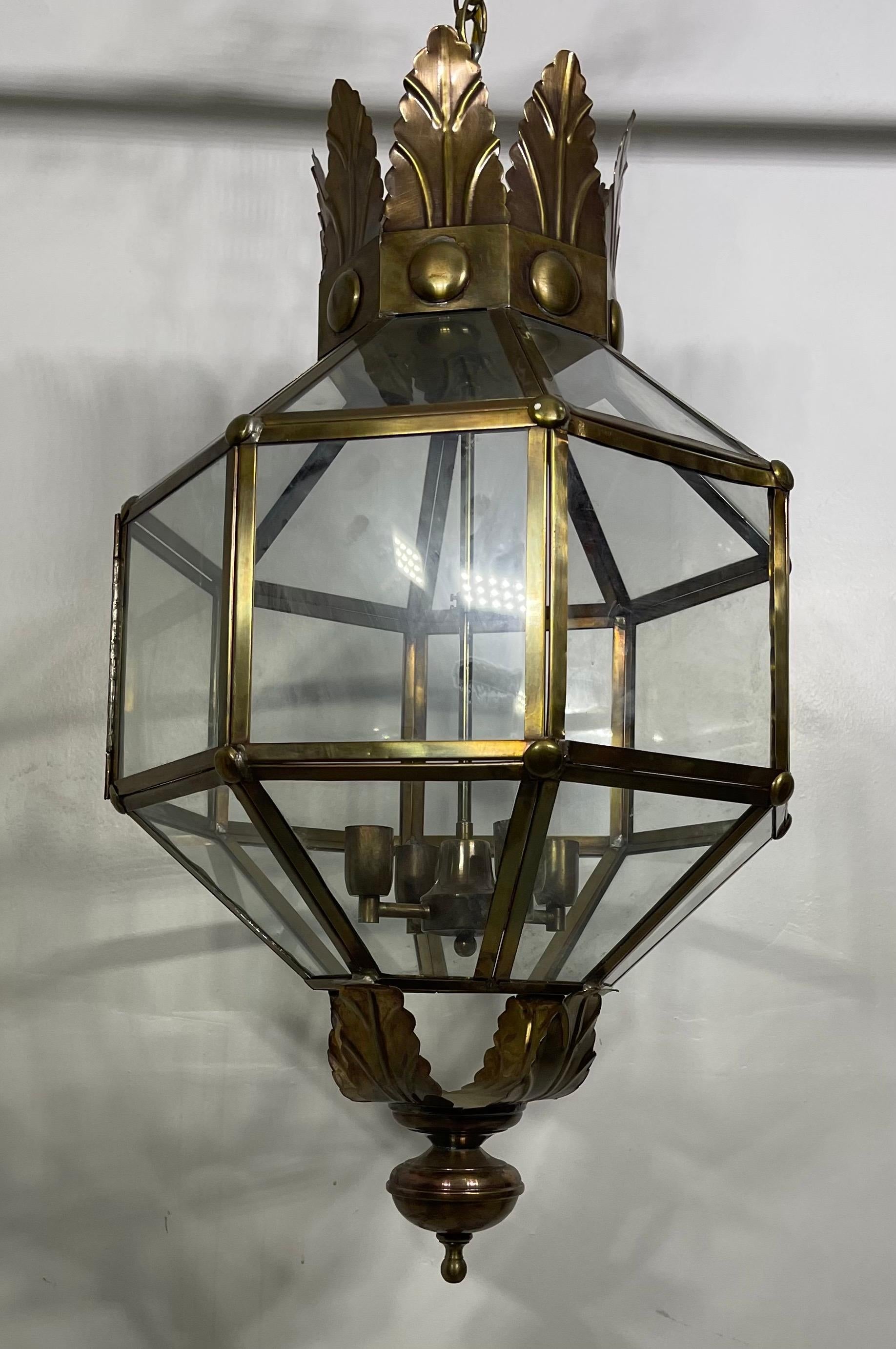 Wonderful Pair Large Octagon Brass Panel Glass Palm Beach Lanterns Fixtures For Sale 2