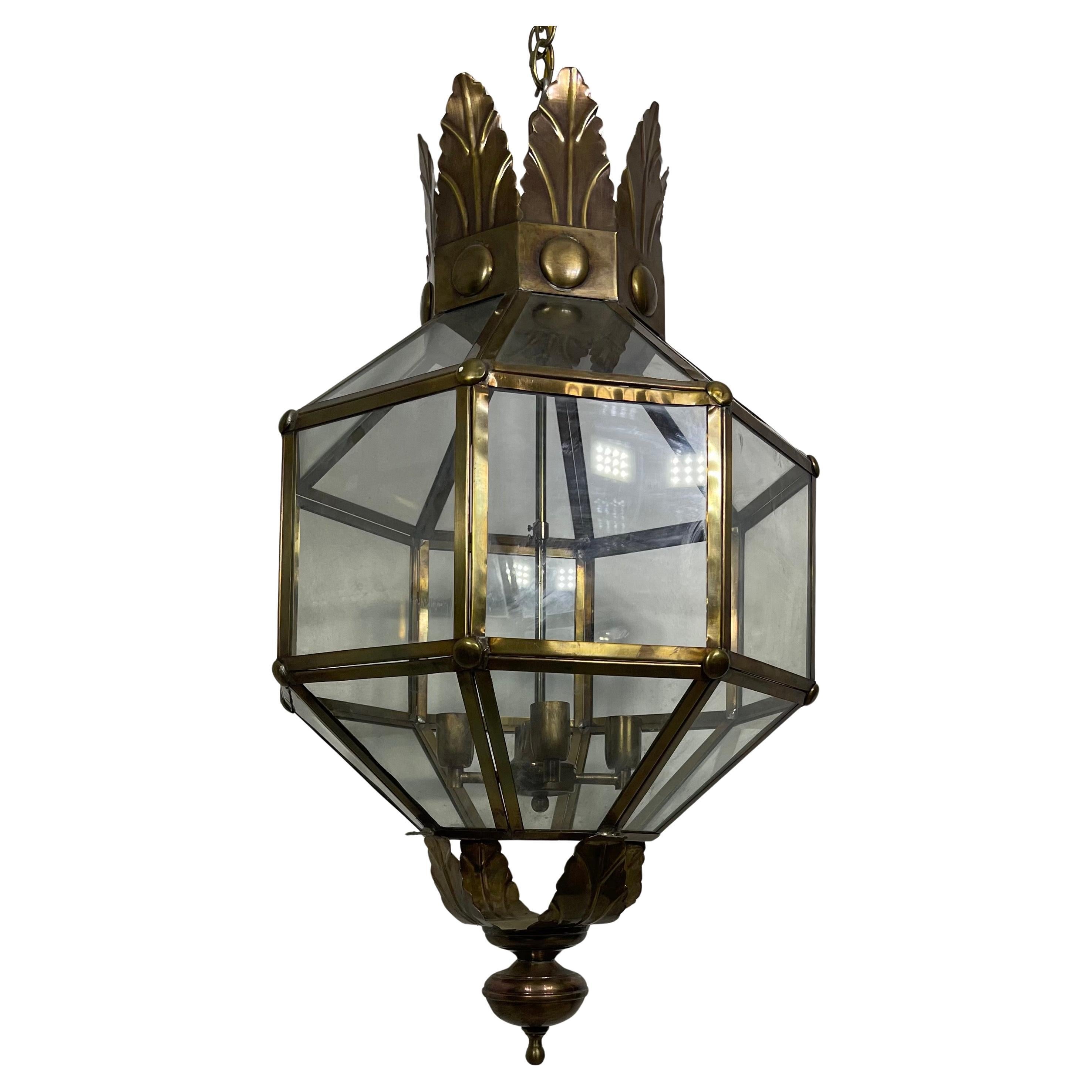 Wonderful Pair Large Octagon Brass Panel Glass Palm Beach Lanterns Fixtures