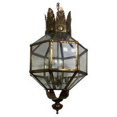 Vintage Wonderful Pair Large Octagon Brass Panel Glass Palm Beach Lanterns Fixtures
