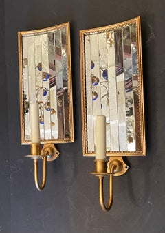 Wonderful Pair Large Vaughan Tole Gold Gilt Mirror Strip Panel Wall Sconces