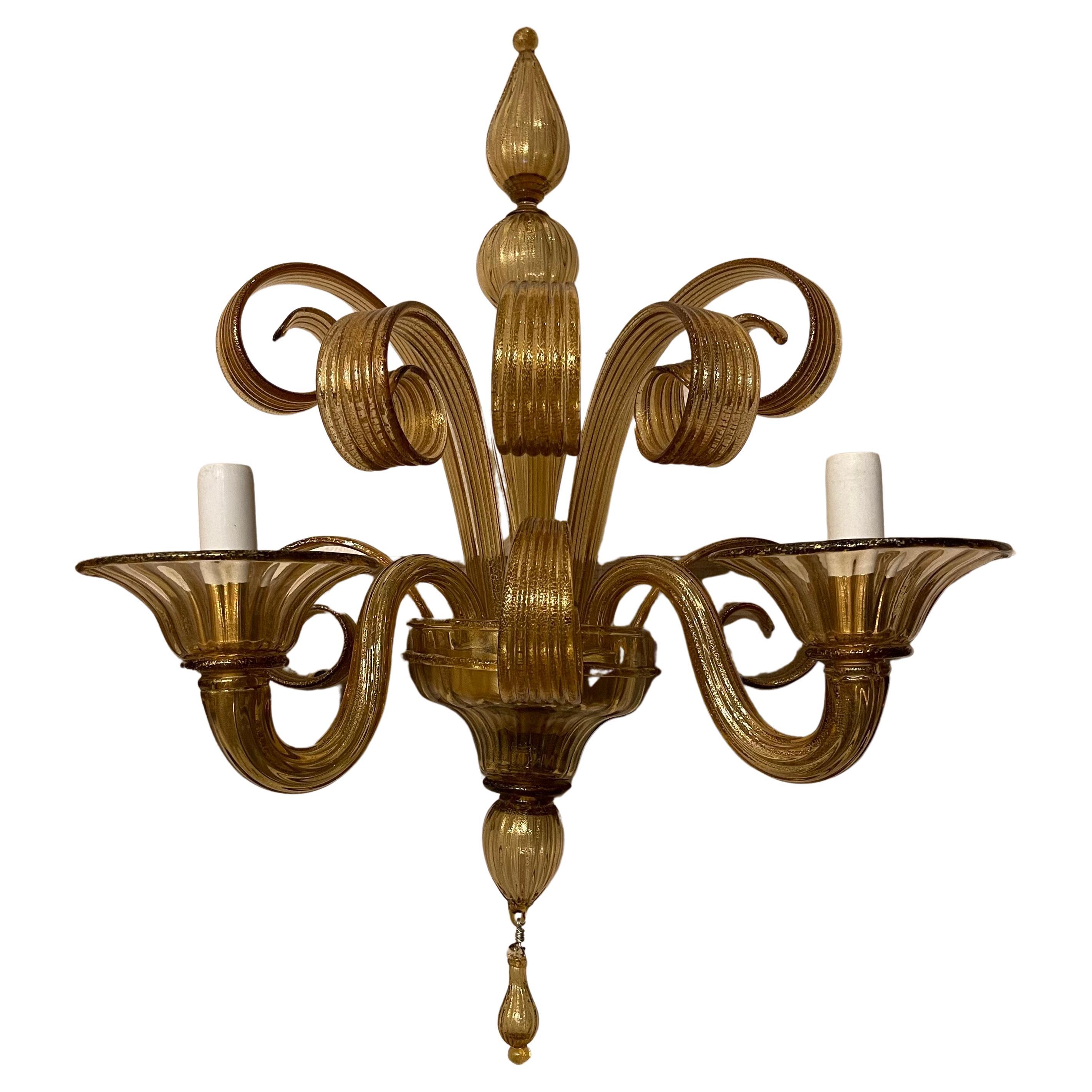 A Wonderful Pair Of Lorin Marsh Retailed Two Candelabra Light Murano Gold Flake Glass Sconces In The Manner & Style Of Barovier Seguso & Ferro.