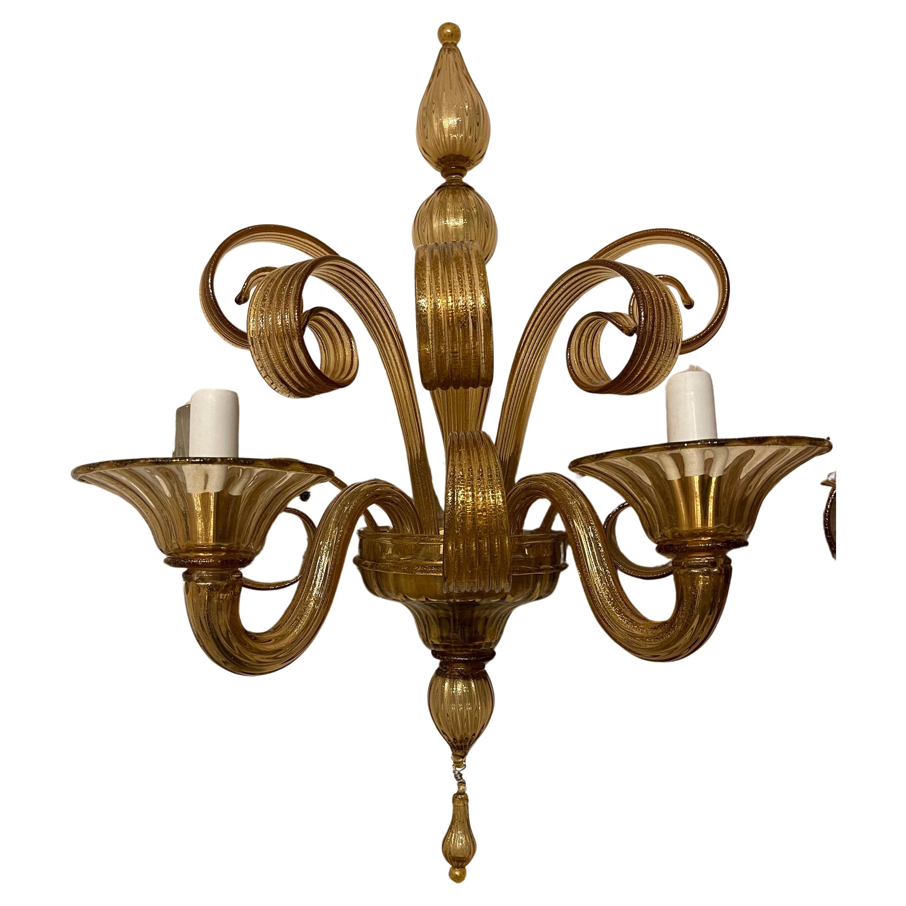 Wonderful Pair Lorin Marsh Two Candelabra Light Murano Gold Flake Glass Sconces In Good Condition For Sale In Roslyn, NY