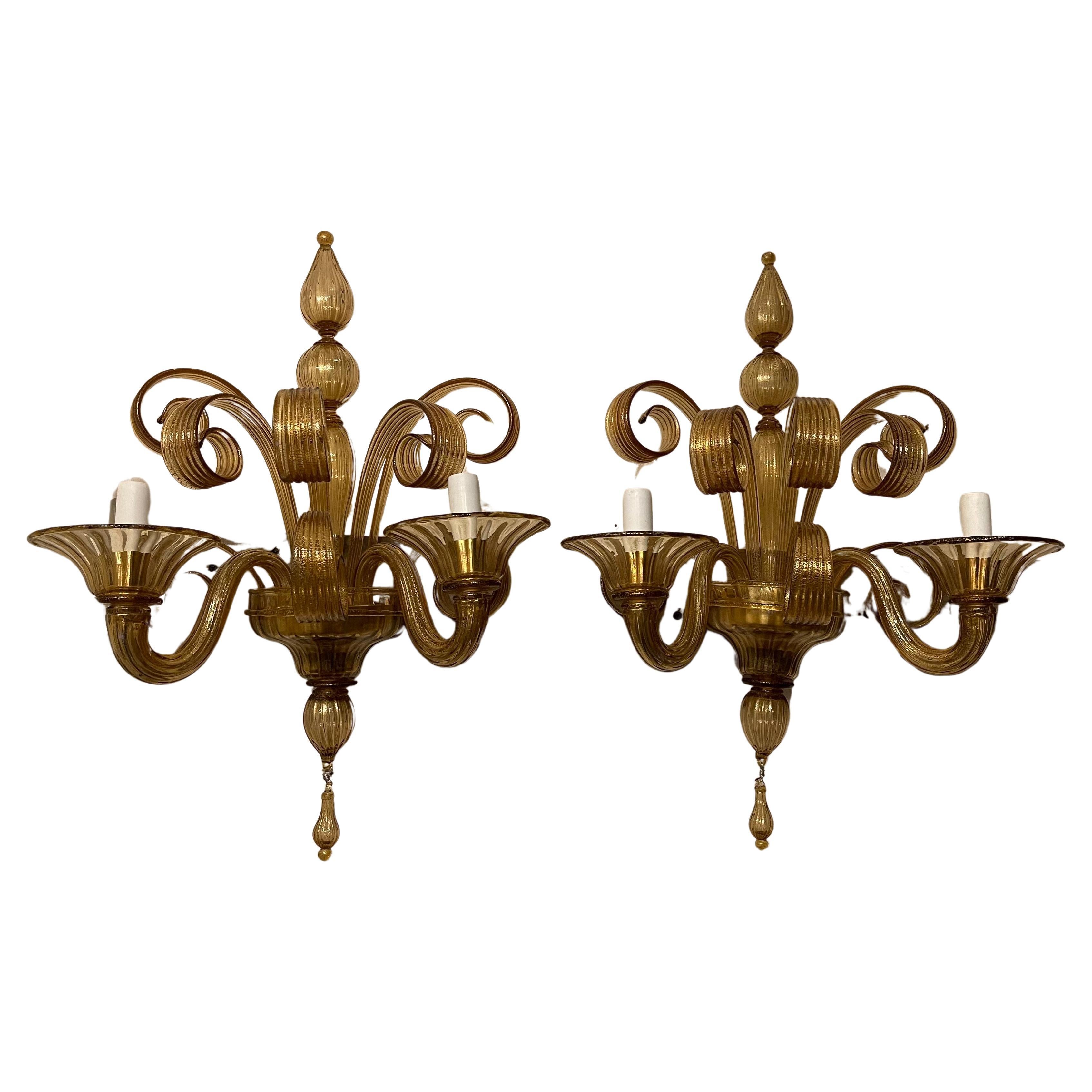 Wonderful Pair Lorin Marsh Two Candelabra Light Murano Gold Flake Glass Sconces For Sale
