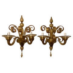 Maravillosa Pareja Lorin Marsh Lámpara de dos candelabros de cristal de Murano con escamas doradas