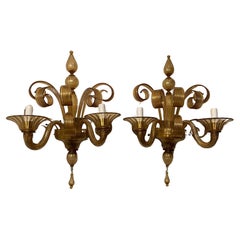 Wunderschönes Paar Lorin Marsh Zwei Kandelaber Lights Murano Gold Flake Glass Sconces