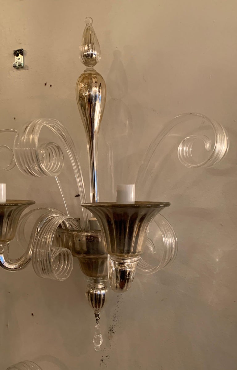 Mid-Century Modern Wonderful Pair Lorin Marsh Two Candelabra Light Murano Silver Tone Glass Sconces For Sale