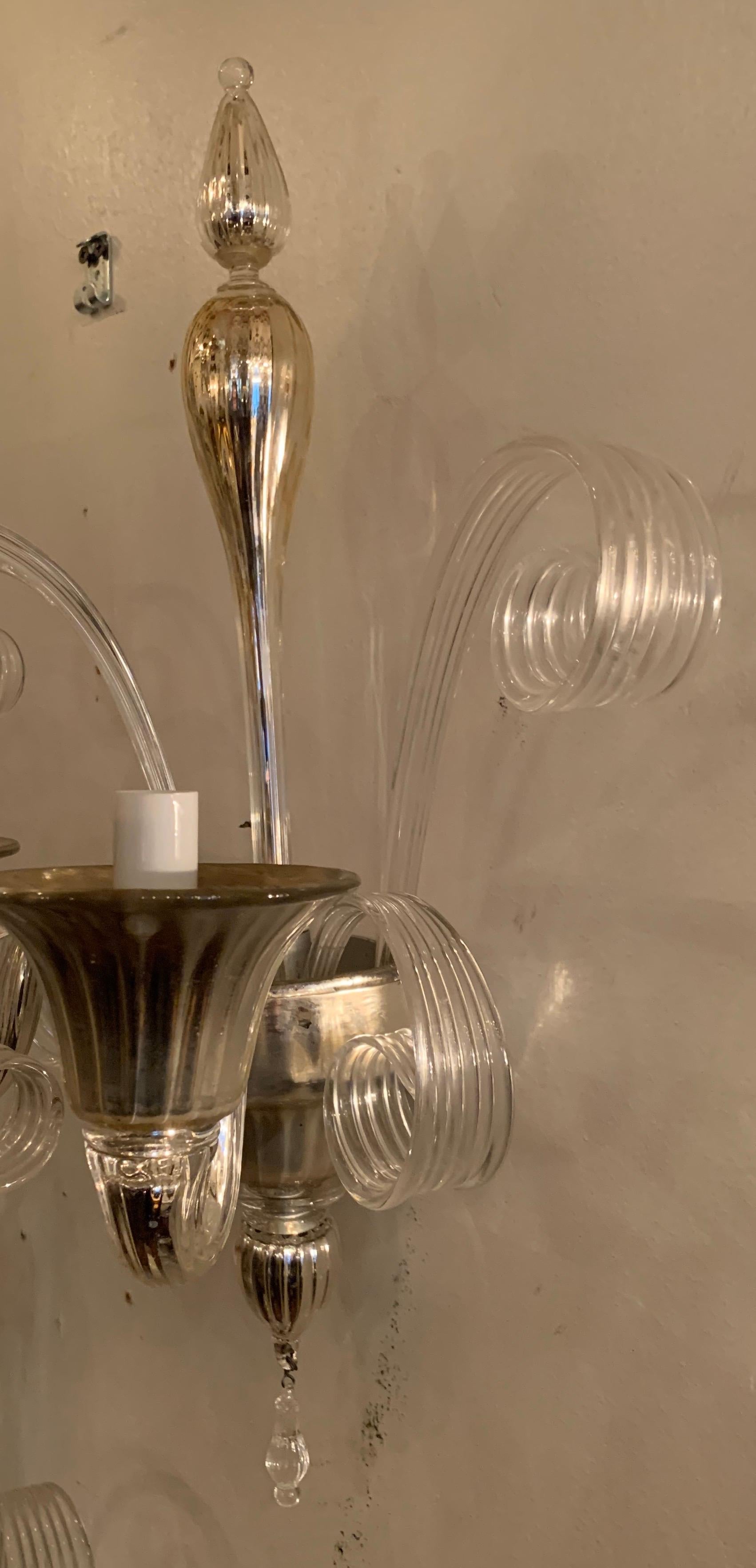 Italian Wonderful Pair Lorin Marsh Two Candelabra Light Murano Silver Tone Glass Sconces