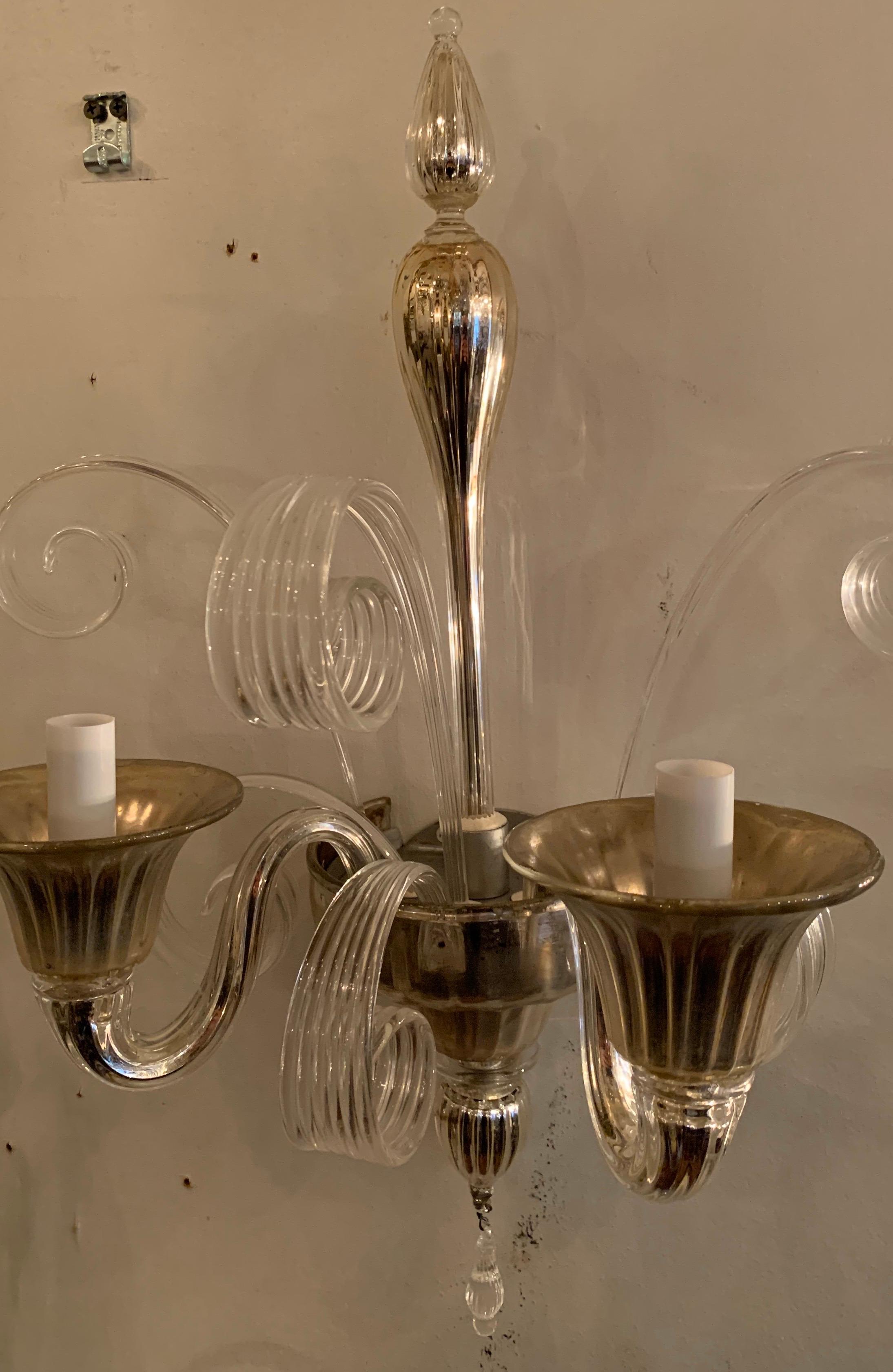 Wonderful Pair Lorin Marsh Two Candelabra Light Murano Silver Tone Glass Sconces In Good Condition In Roslyn, NY