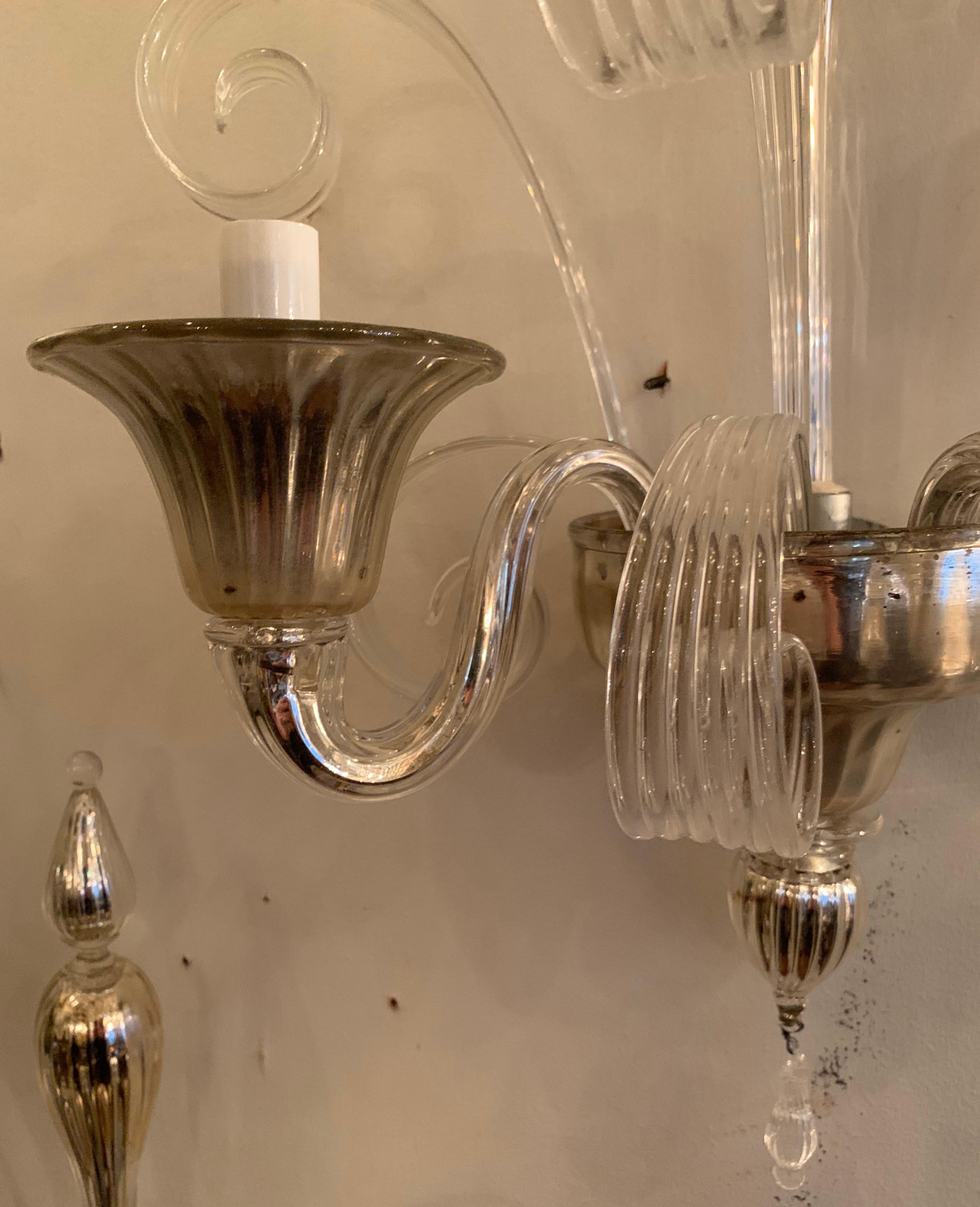 20th Century Wonderful Pair Lorin Marsh Two Candelabra Light Murano Silver Tone Glass Sconces