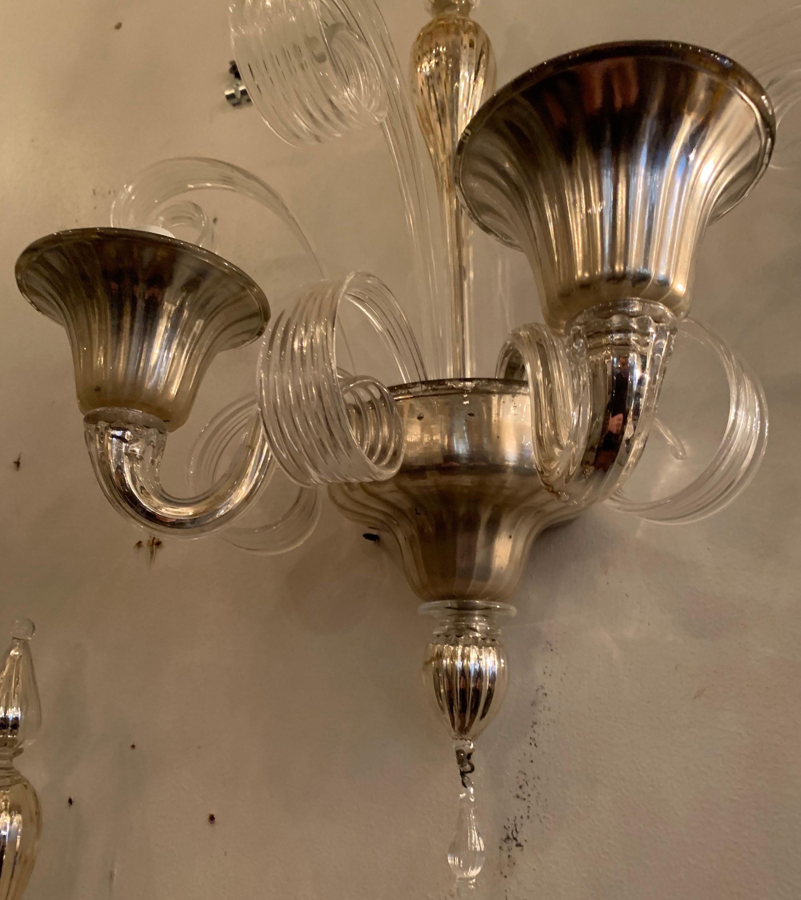 Murano Glass Wonderful Pair Lorin Marsh Two Candelabra Light Murano Silver Tone Glass Sconces