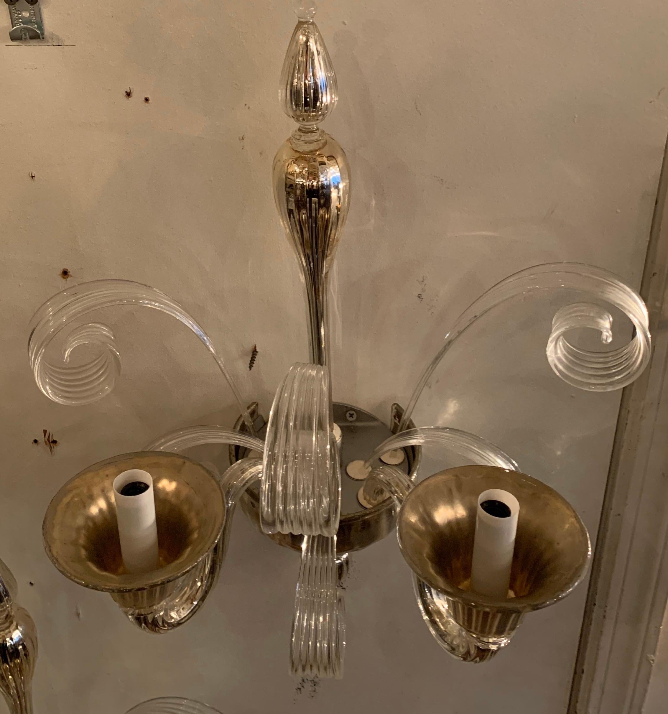 Wonderful Pair Lorin Marsh Two Candelabra Light Murano Silver Tone Glass Sconces 1
