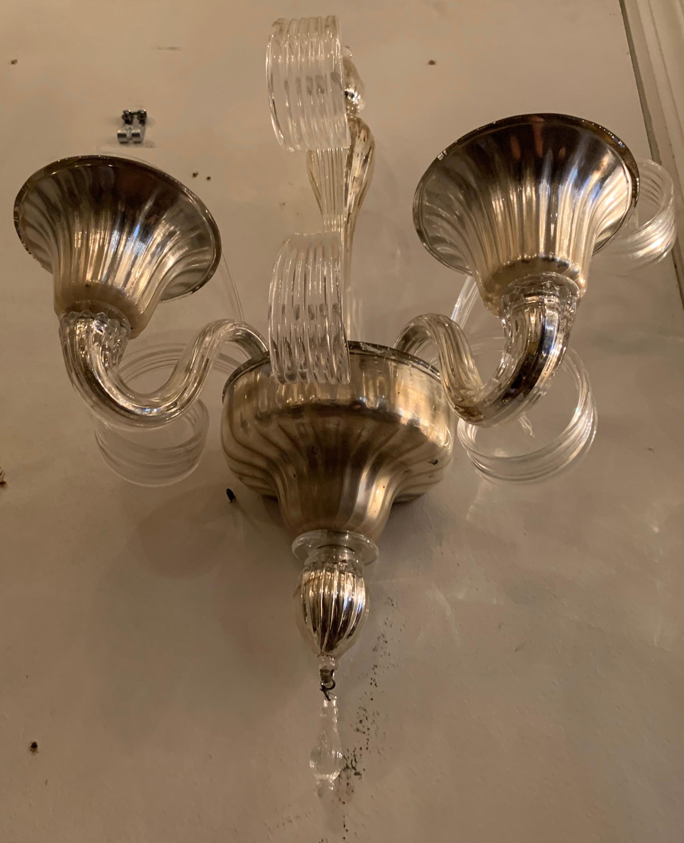 Wonderful Pair Lorin Marsh Two Candelabra Light Murano Silver Tone Glass Sconces 2