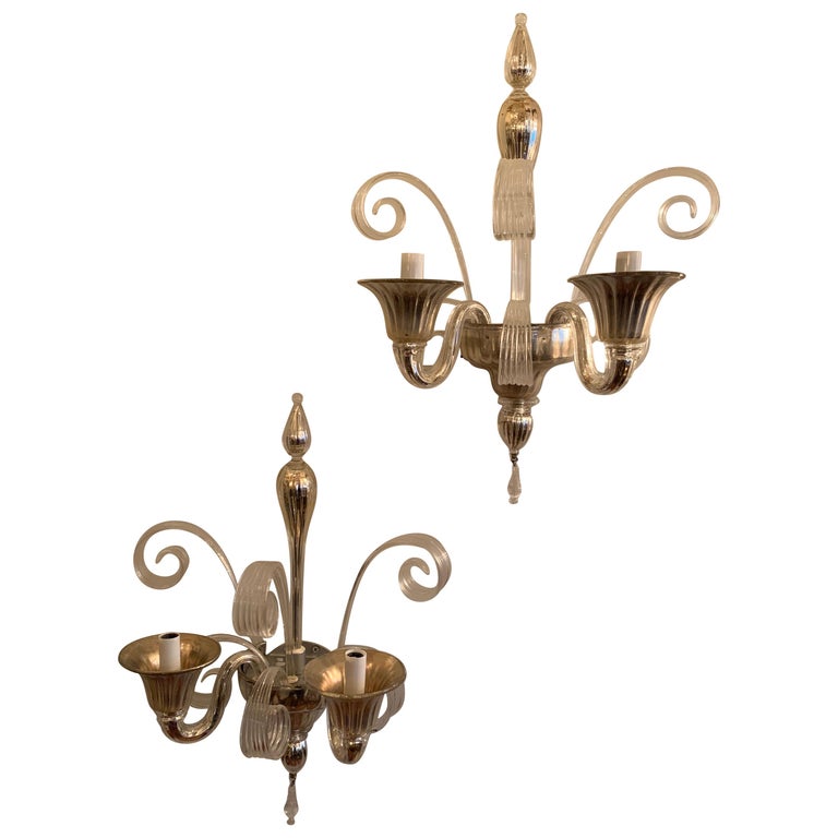 Wonderful Pair Lorin Marsh Two Candelabra Light Murano Silver Tone Glass Sconces For Sale