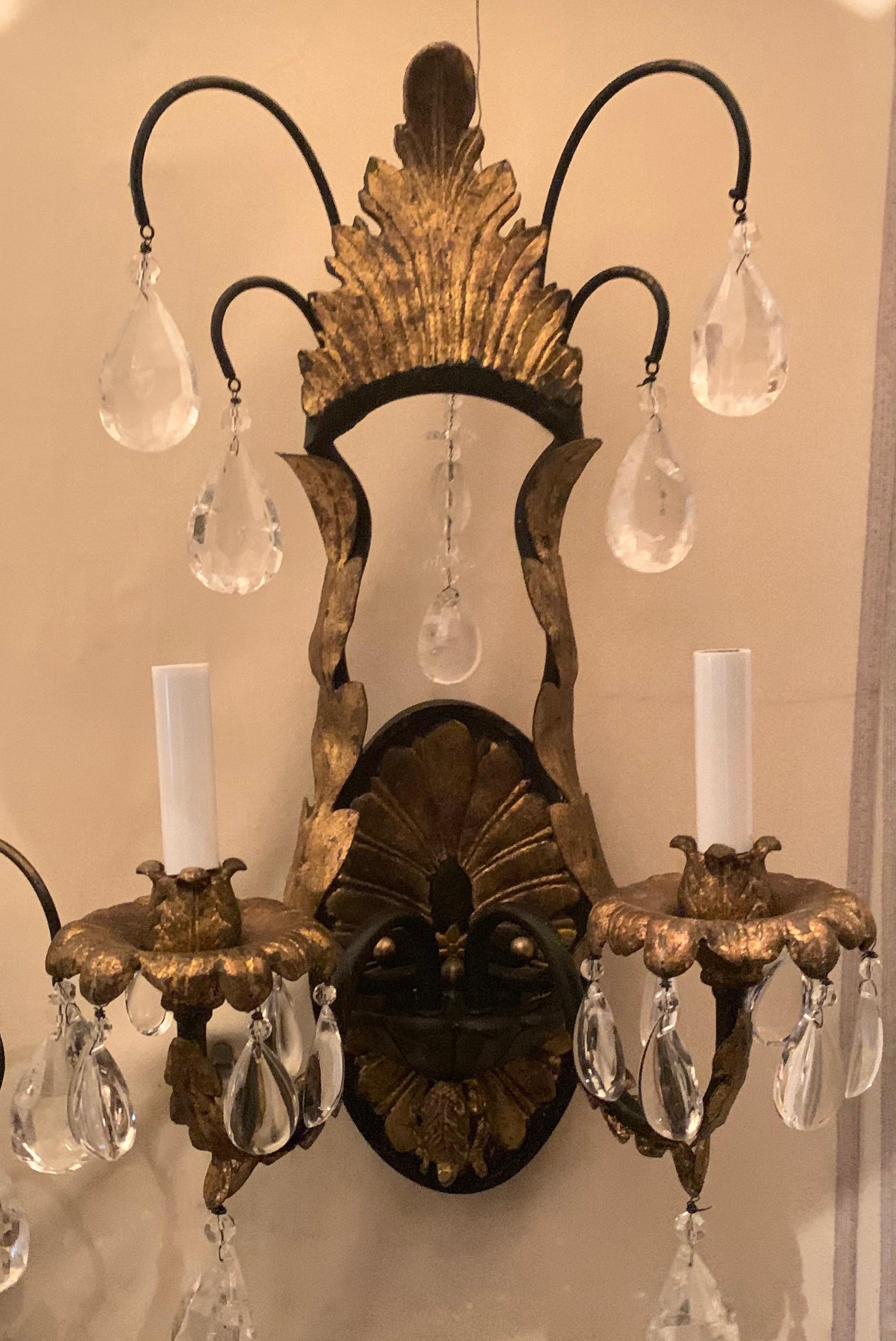 Italian Wonderful Pair of Louis XV Rock Crystal Iron Gold Gilt Filigree Baguès Sconces For Sale