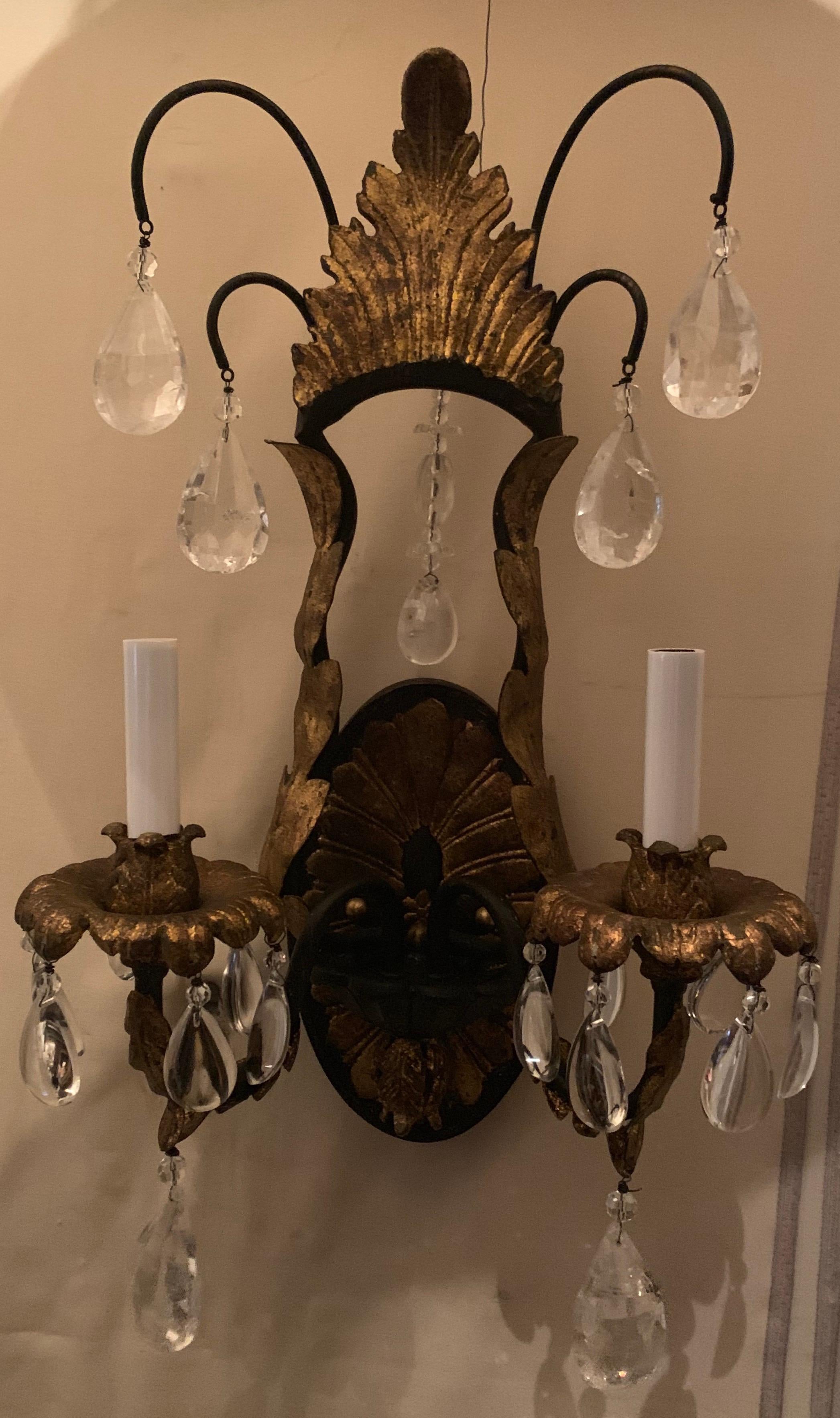 Wonderful Pair of Louis XV Rock Crystal Iron Gold Gilt Filigree Baguès Sconces In Good Condition For Sale In Roslyn, NY