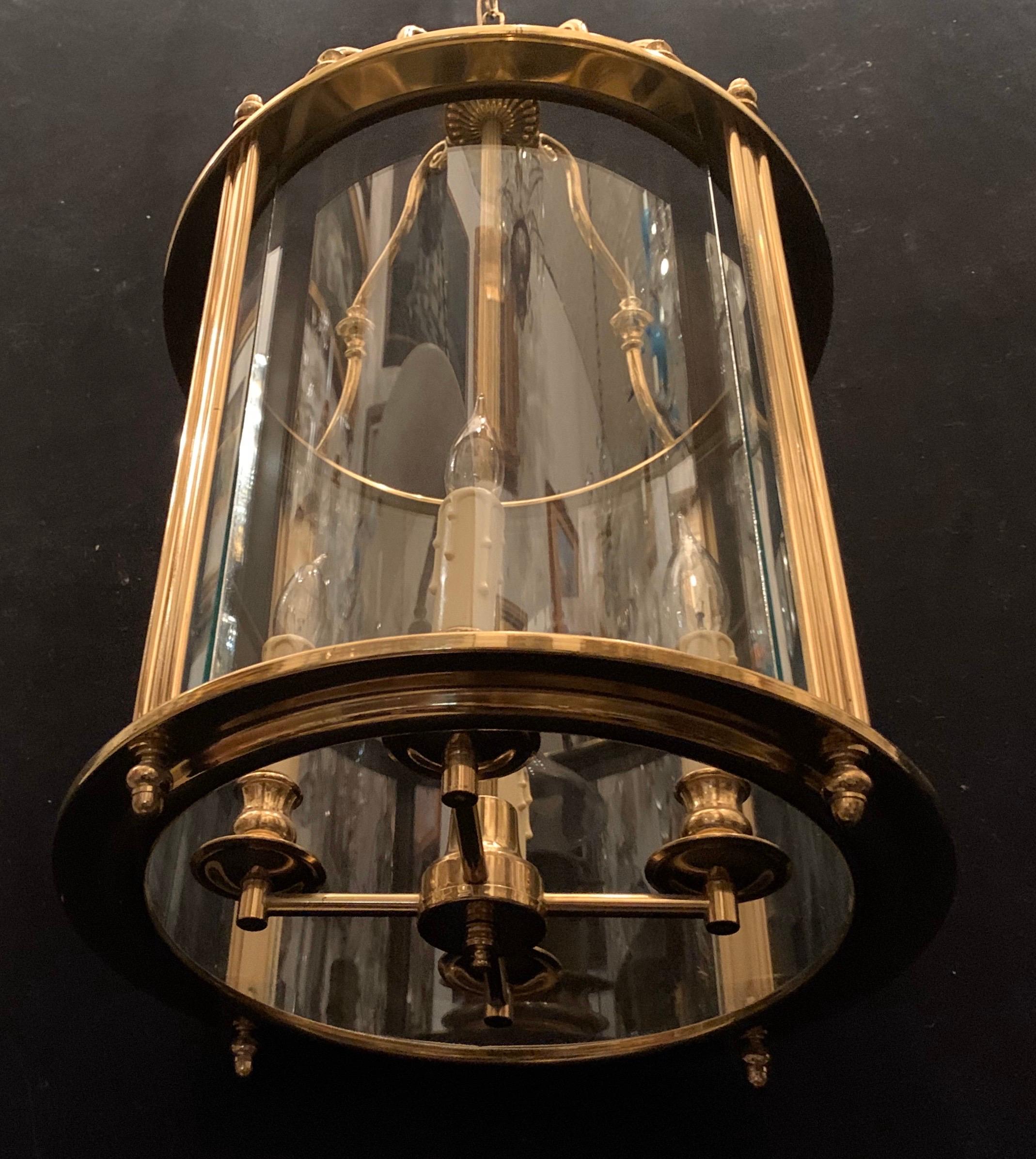 Polished Wonderful Pair Louis XVI Brass Curved Glass Georgian Lantern Circular Fixture