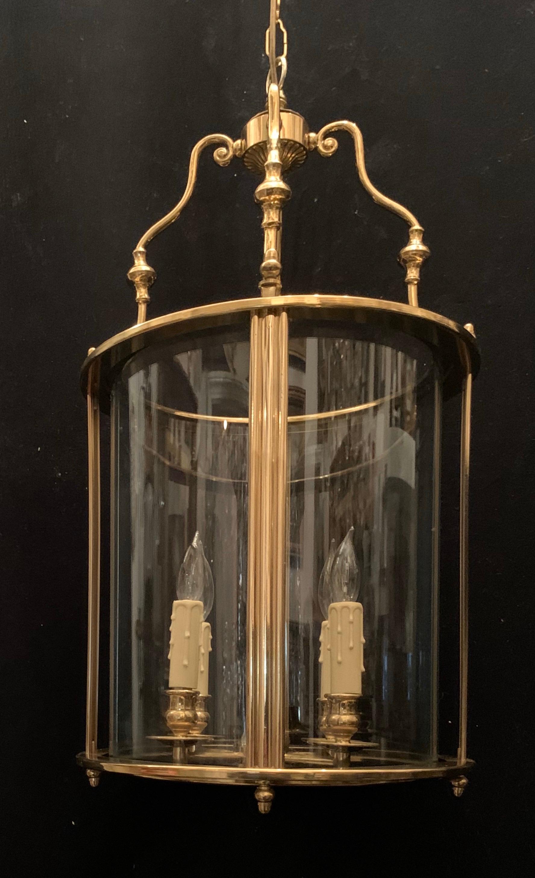 Wonderful Pair Louis XVI Brass Curved Glass Georgian Lantern Circular Fixture In Good Condition In Roslyn, NY