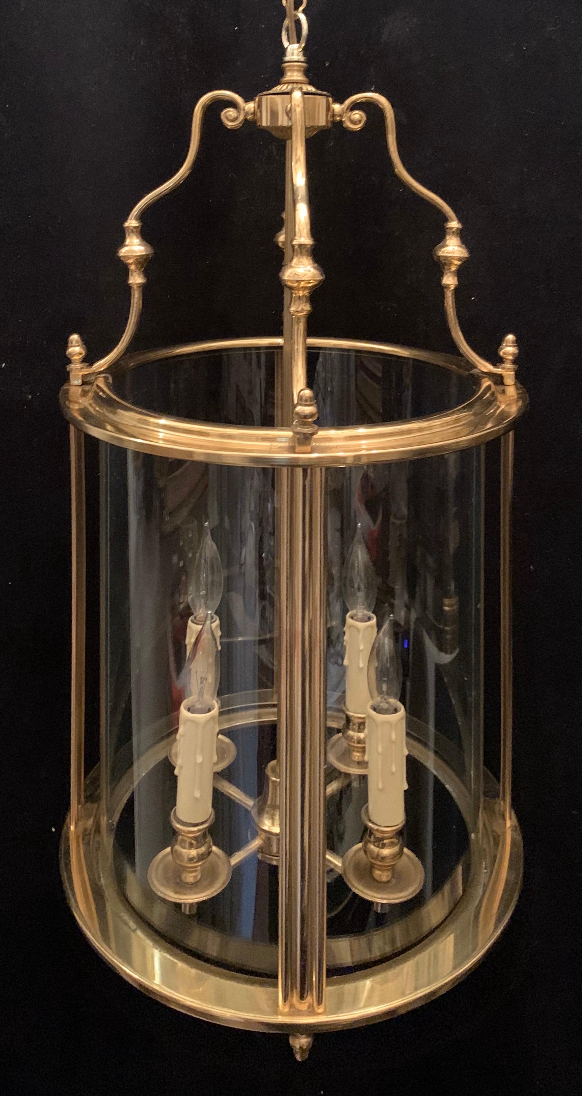 20th Century Wonderful Pair Louis XVI Brass Curved Glass Georgian Lantern Circular Fixture