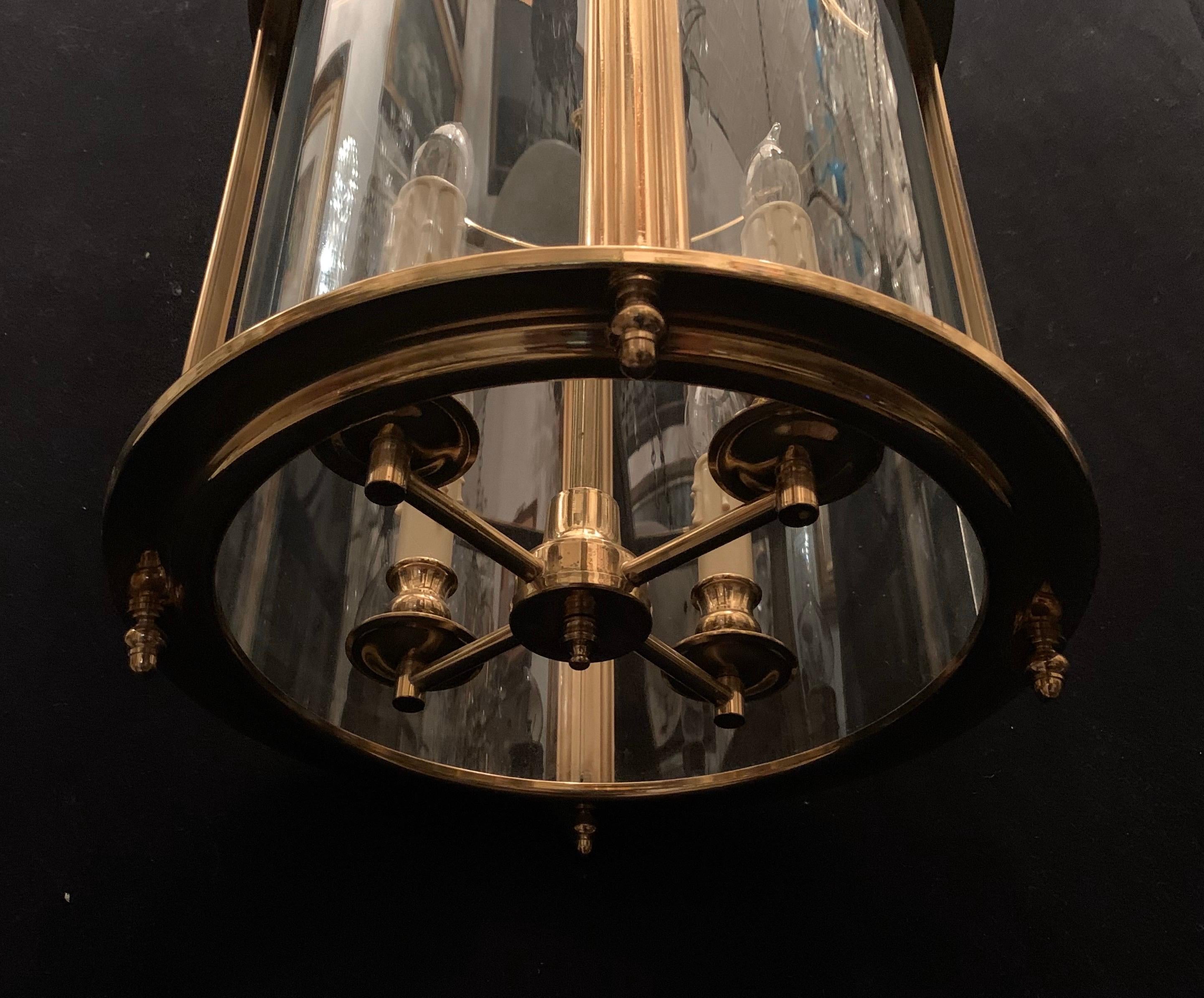 Wonderful Pair Louis XVI Brass Curved Glass Georgian Lantern Circular Fixture 1