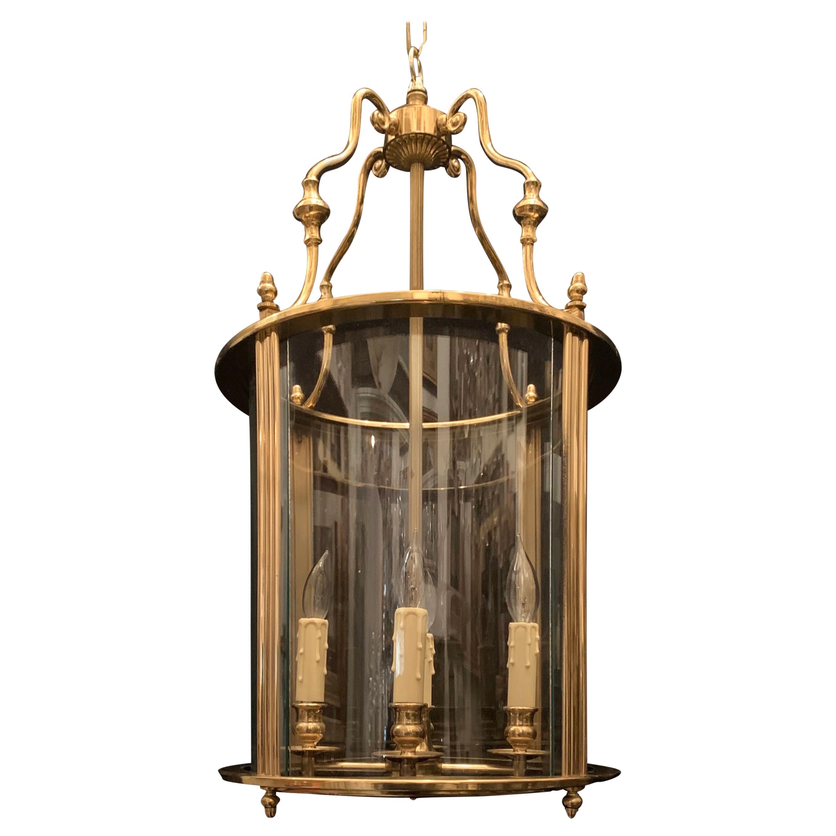 Wonderful Pair Louis XVI Brass Curved Glass Georgian Lantern Circular Fixture