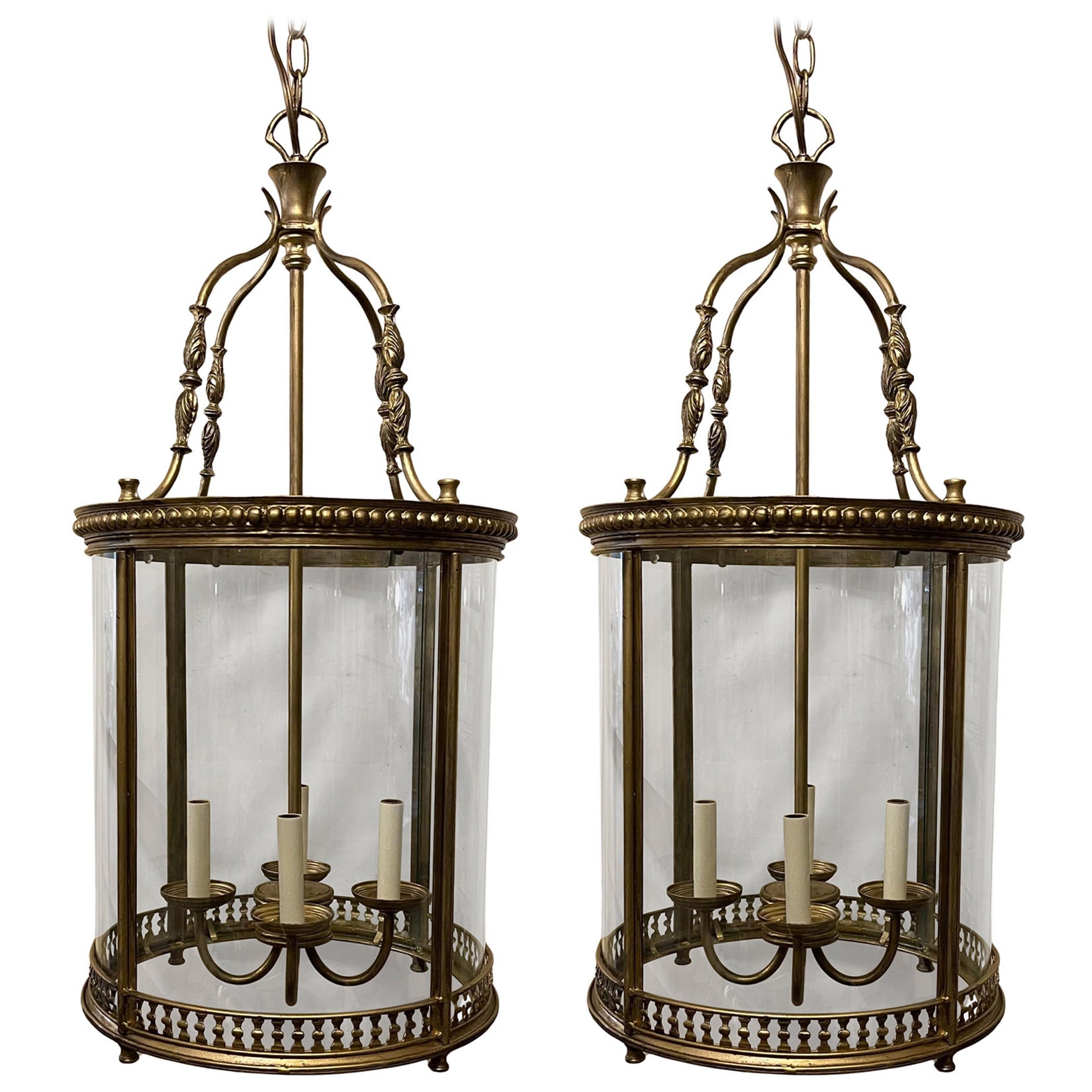 Wonderful Pair Louis XVI Large Gilt Bronze Neoclassical Lantern Light Fixtures