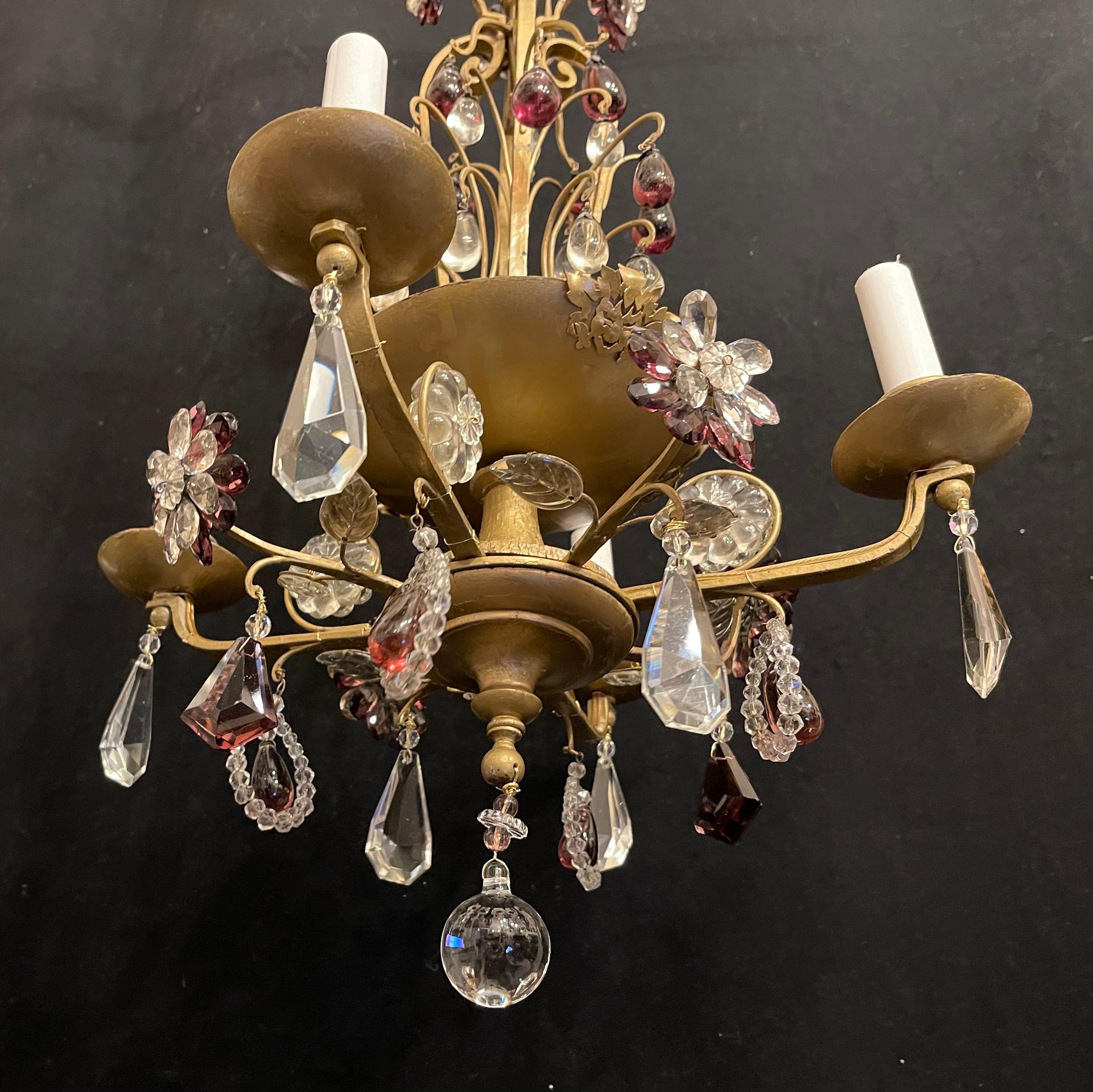 Italian Wonderful Pair Maison Bagues Amethyst Crystal Beaded Gilt Wood Chandeliers For Sale