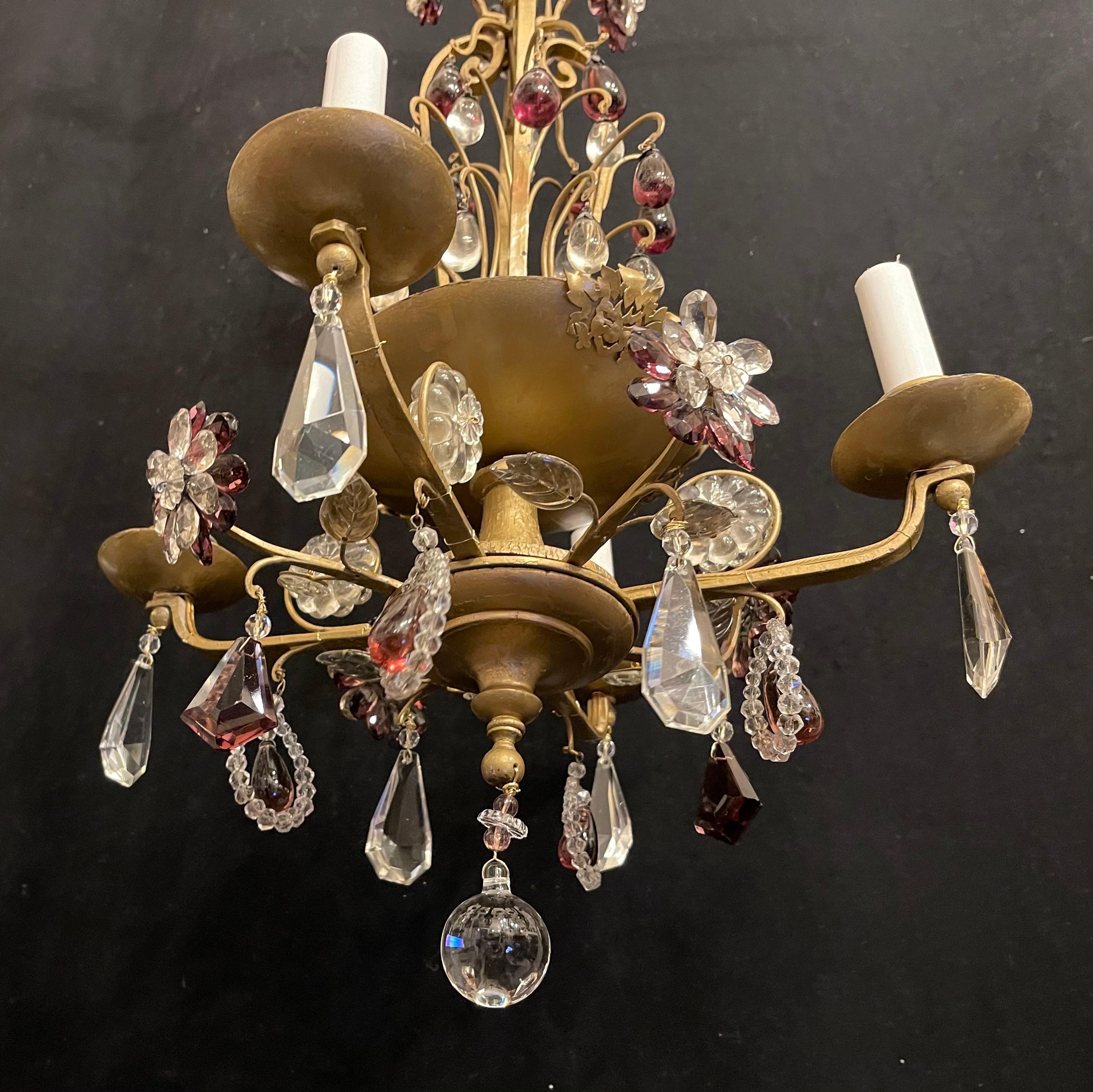 Italian Wonderful Pair Maison Bagues Amethyst Crystal Beaded Gilt Wood Chandeliers   For Sale