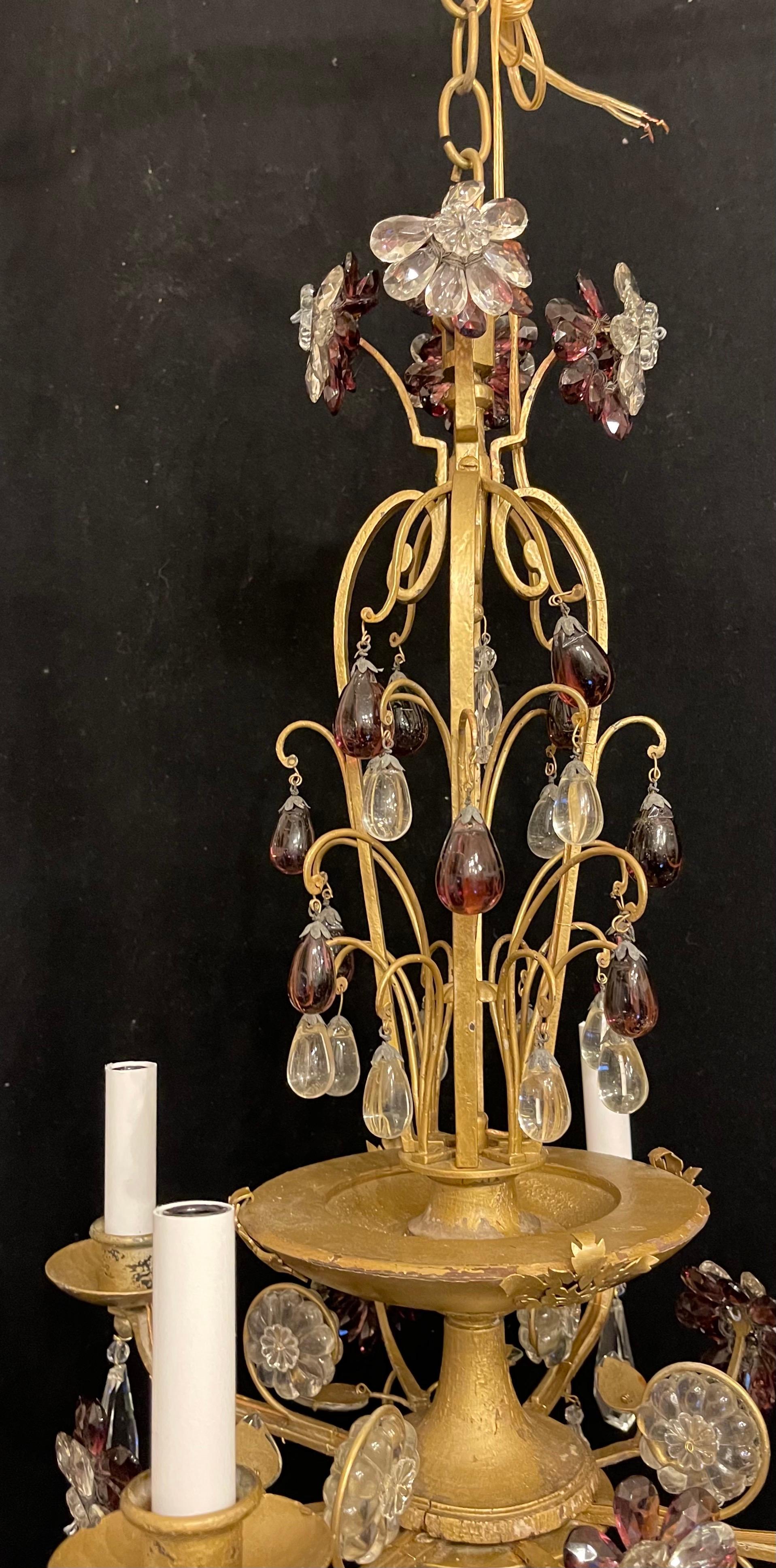 Wonderful Pair Maison Bagues Amethyst Crystal Beaded Gilt Wood Chandeliers   In Good Condition For Sale In Roslyn, NY