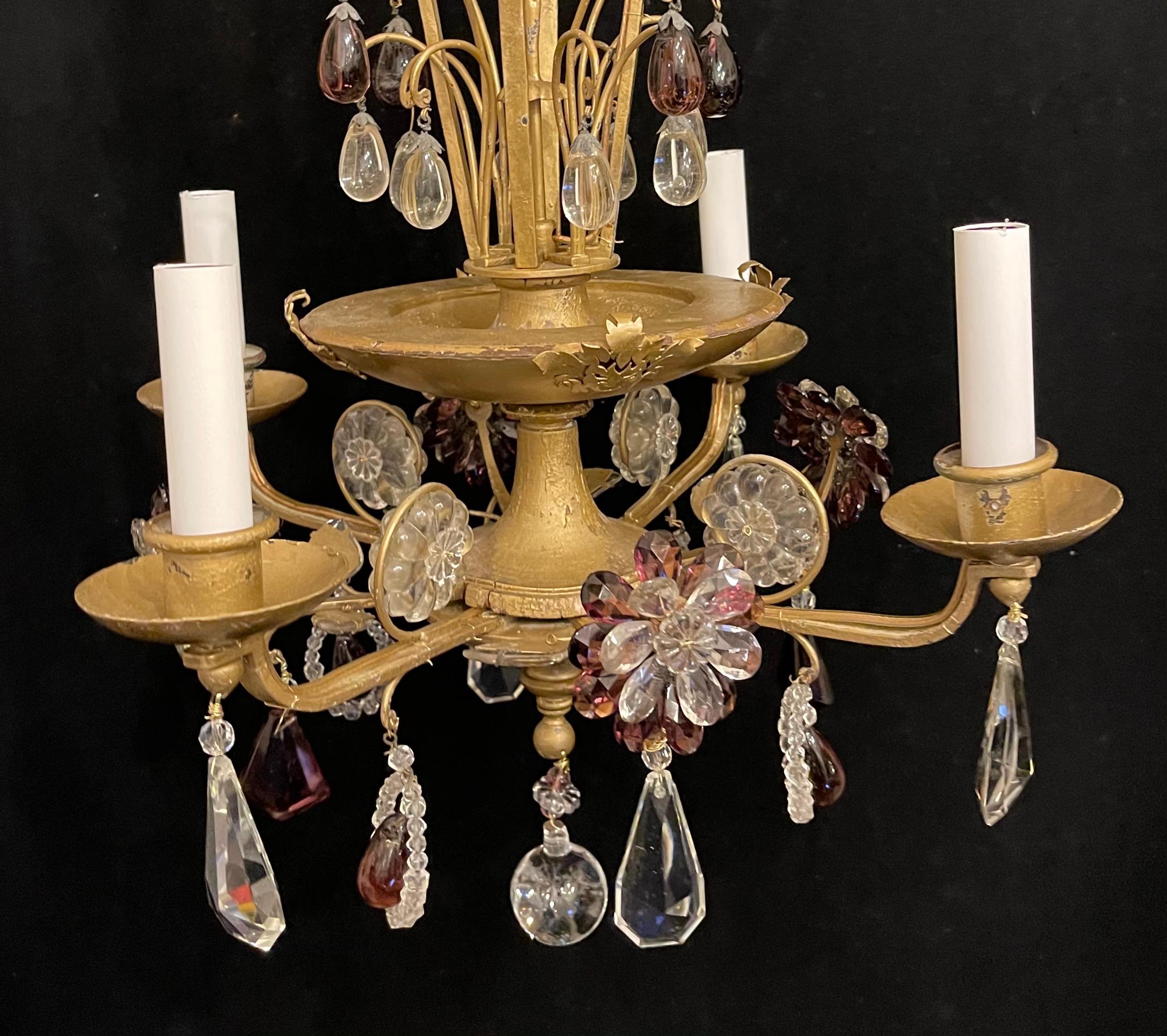 20th Century Wonderful Pair Maison Bagues Amethyst Crystal Beaded Gilt Wood Chandeliers For Sale