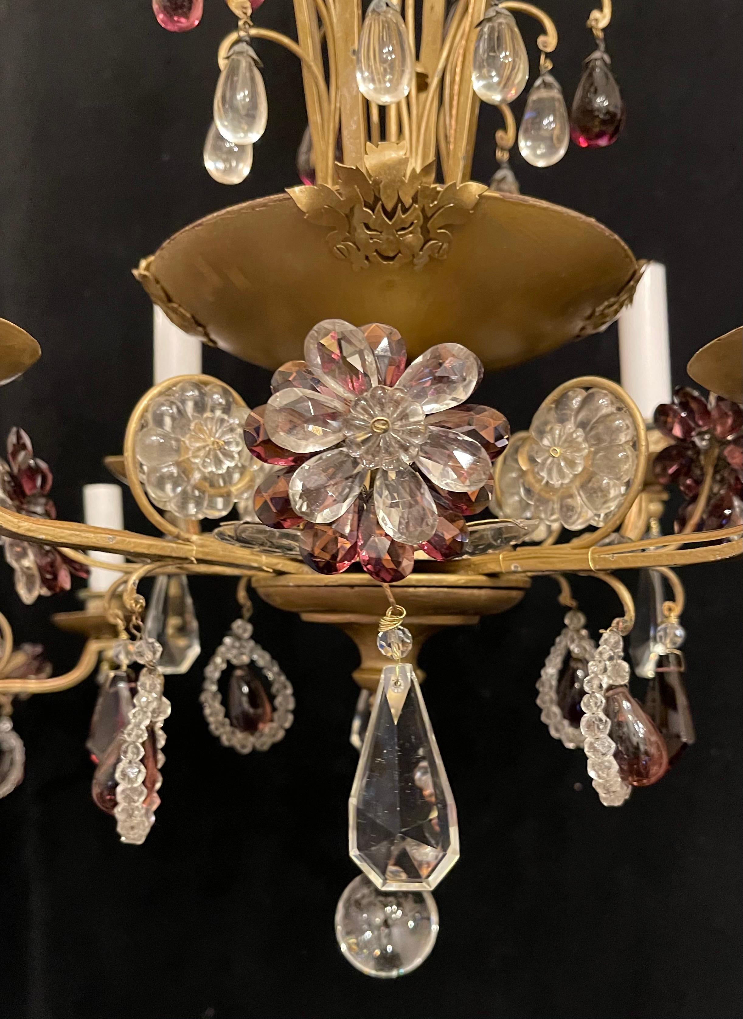 Wonderful Pair Maison Bagues Amethyst Crystal Beaded Gilt Wood Chandeliers For Sale 1