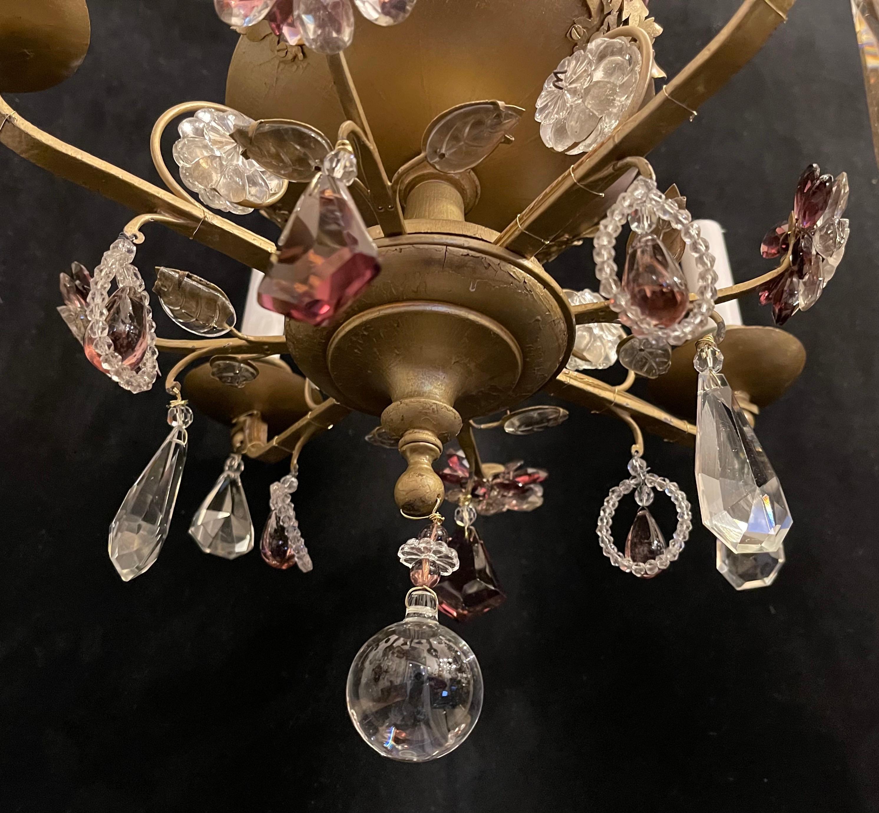 Wonderful Pair Maison Bagues Amethyst Crystal Beaded Gilt Wood Chandeliers For Sale 2