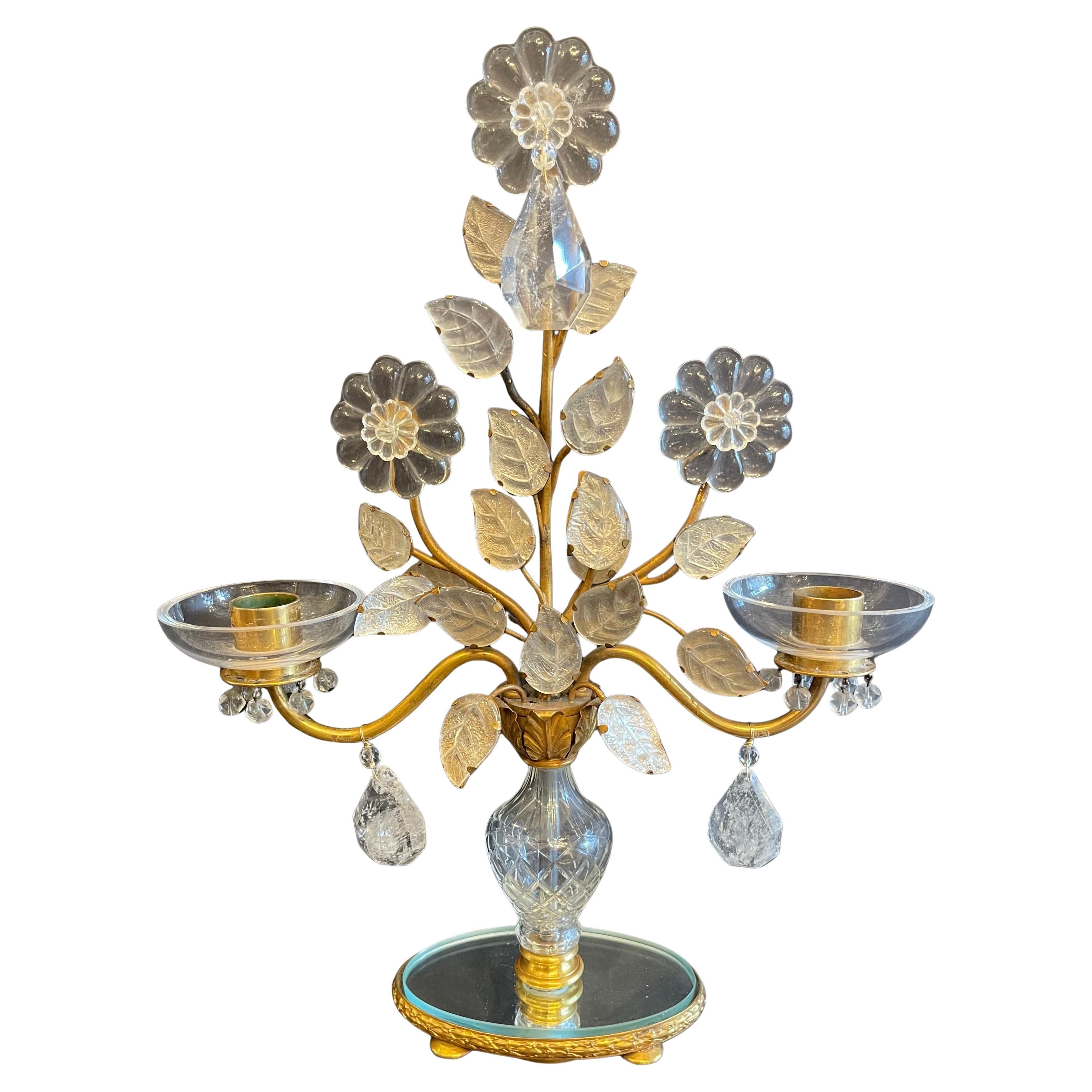 A Wonderful And Very Rare Pair Of Maison Baguès Bronze With A Spray Of Art Glass Leaves And Flower Bouquet Adorned With Rock Crystal Drops Two Arm Candelabra