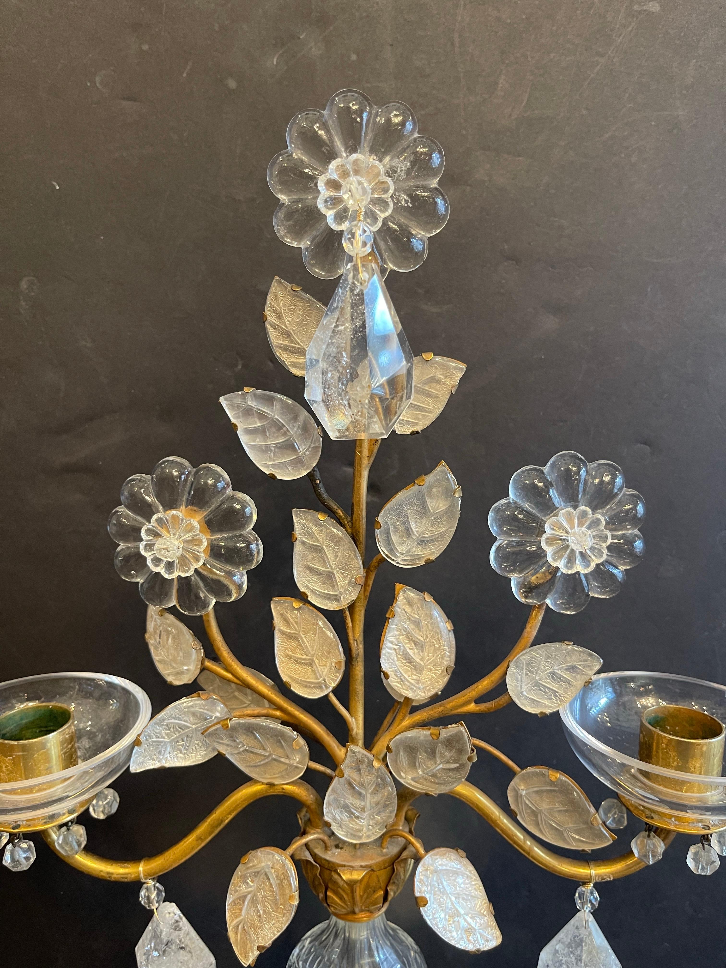 Belle Époque Wonderful Pair Maison Baguès Bronze Rock Crystal Leaf Flower Bouquet Candelabra For Sale