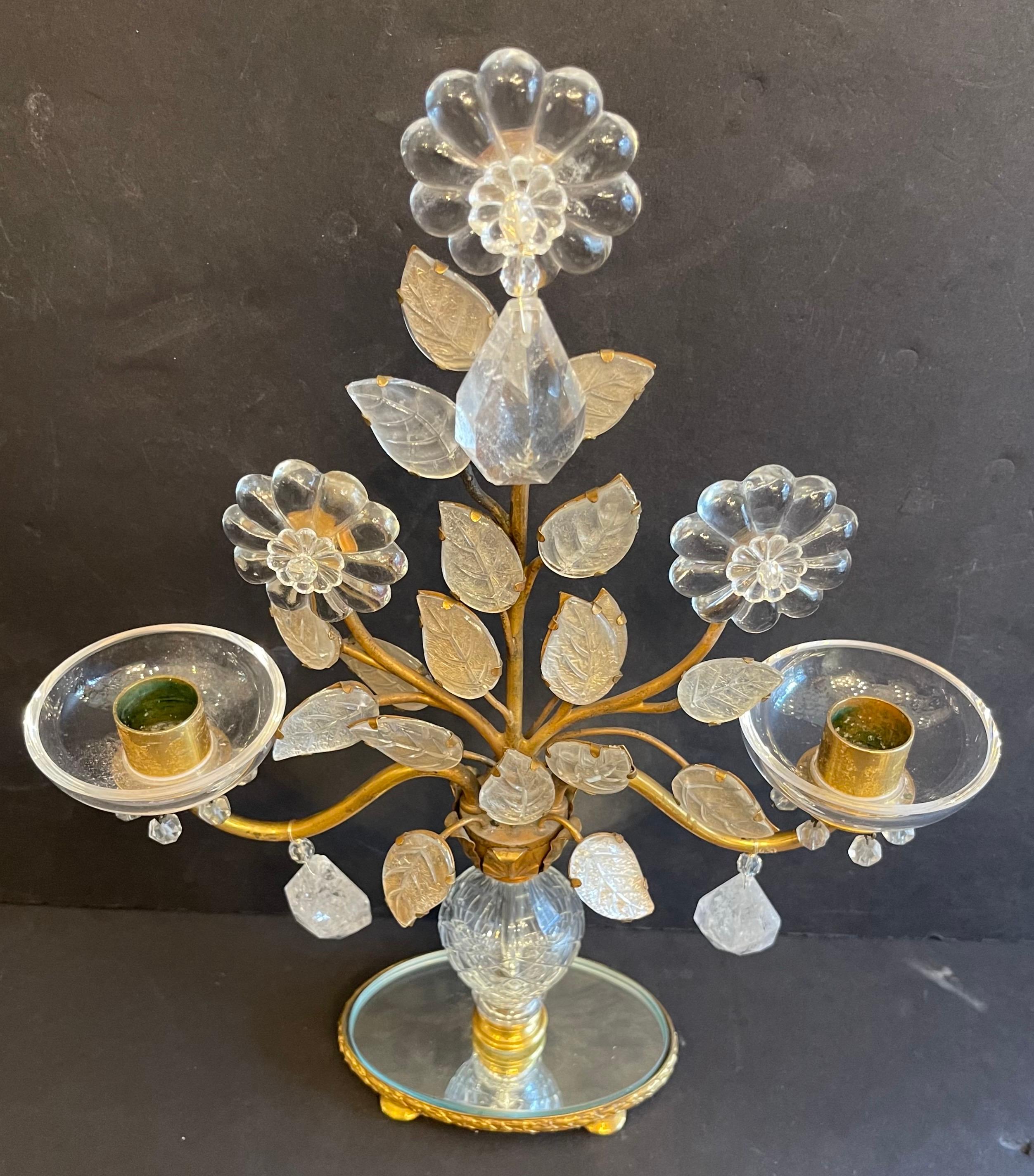 French Wonderful Pair Maison Baguès Bronze Rock Crystal Leaf Flower Bouquet Candelabra For Sale