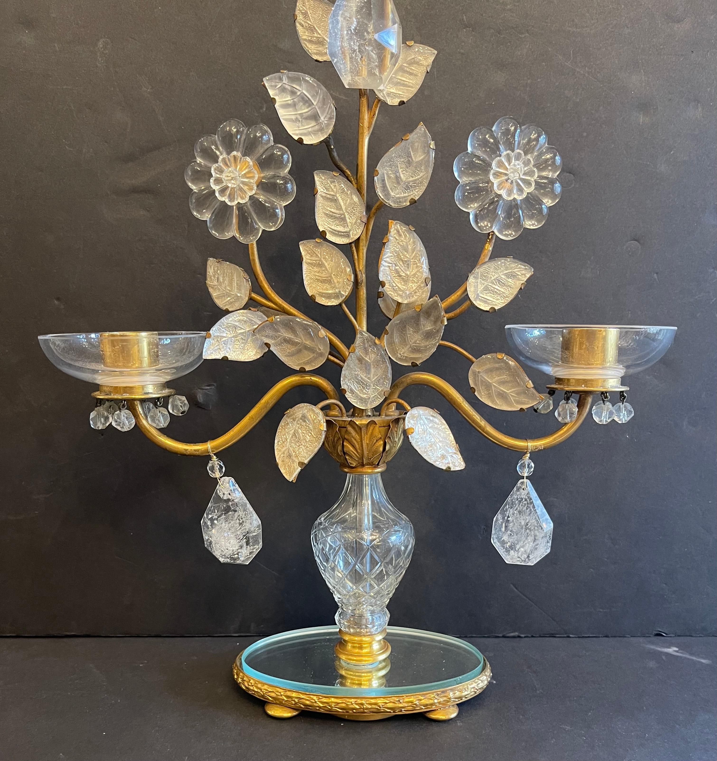 Wonderful Pair Maison Baguès Bronze Rock Crystal Leaf Flower Bouquet Candelabra In Good Condition For Sale In Roslyn, NY