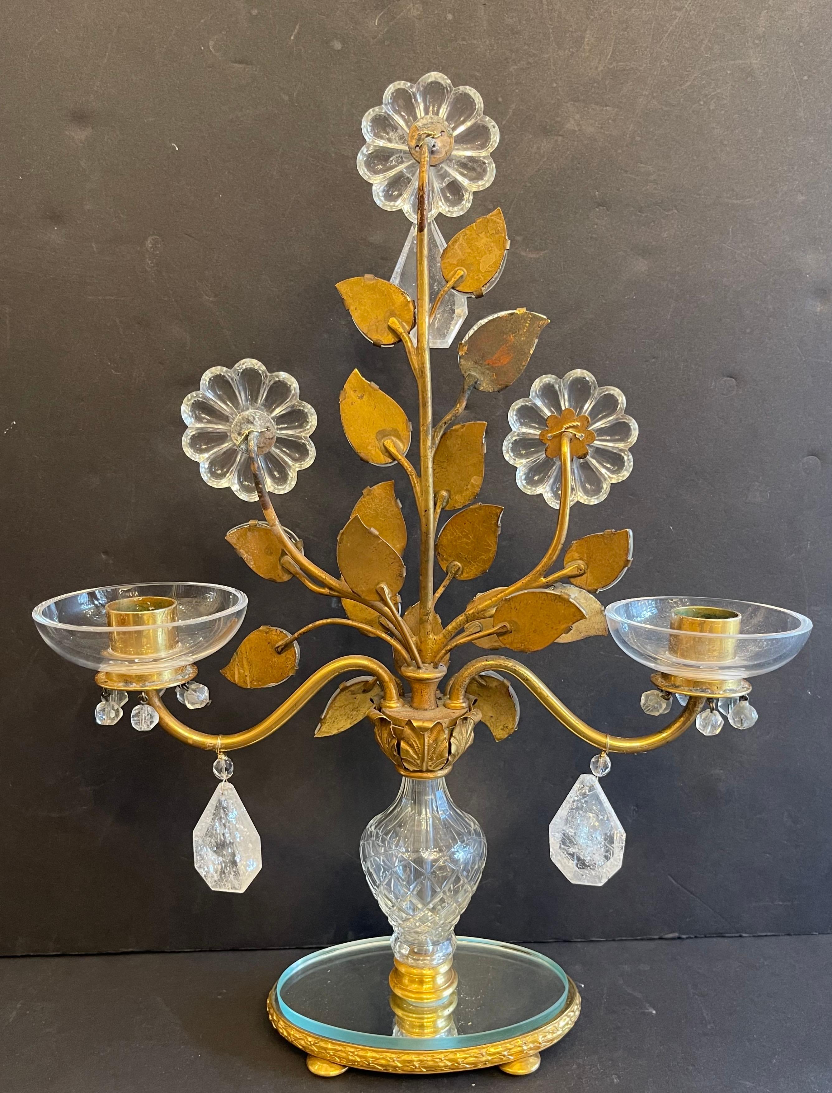20th Century Wonderful Pair Maison Baguès Bronze Rock Crystal Leaf Flower Bouquet Candelabra For Sale