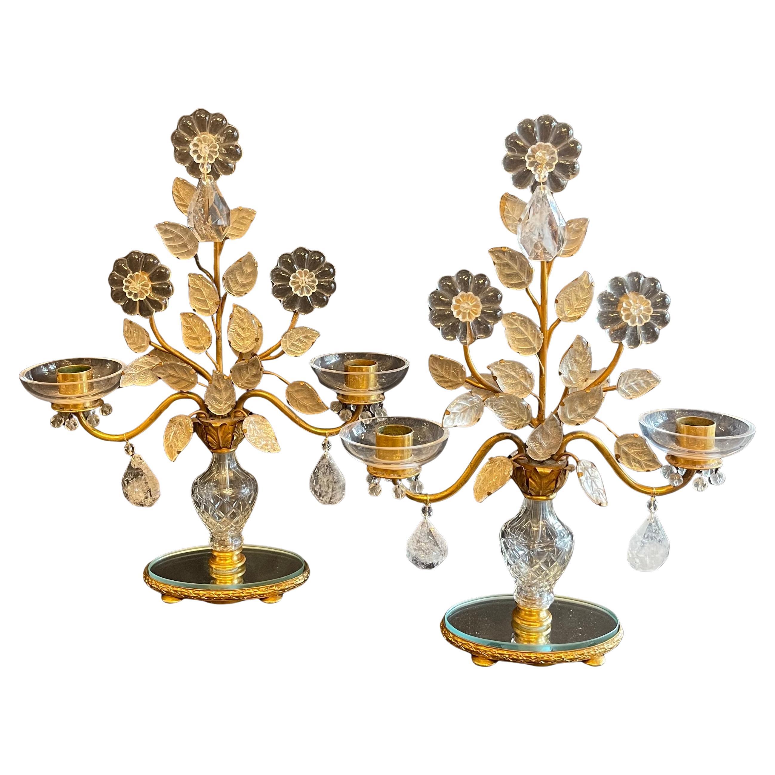 Wonderful Pair Maison Baguès Bronze Rock Crystal Leaf Flower Bouquet Candelabra For Sale