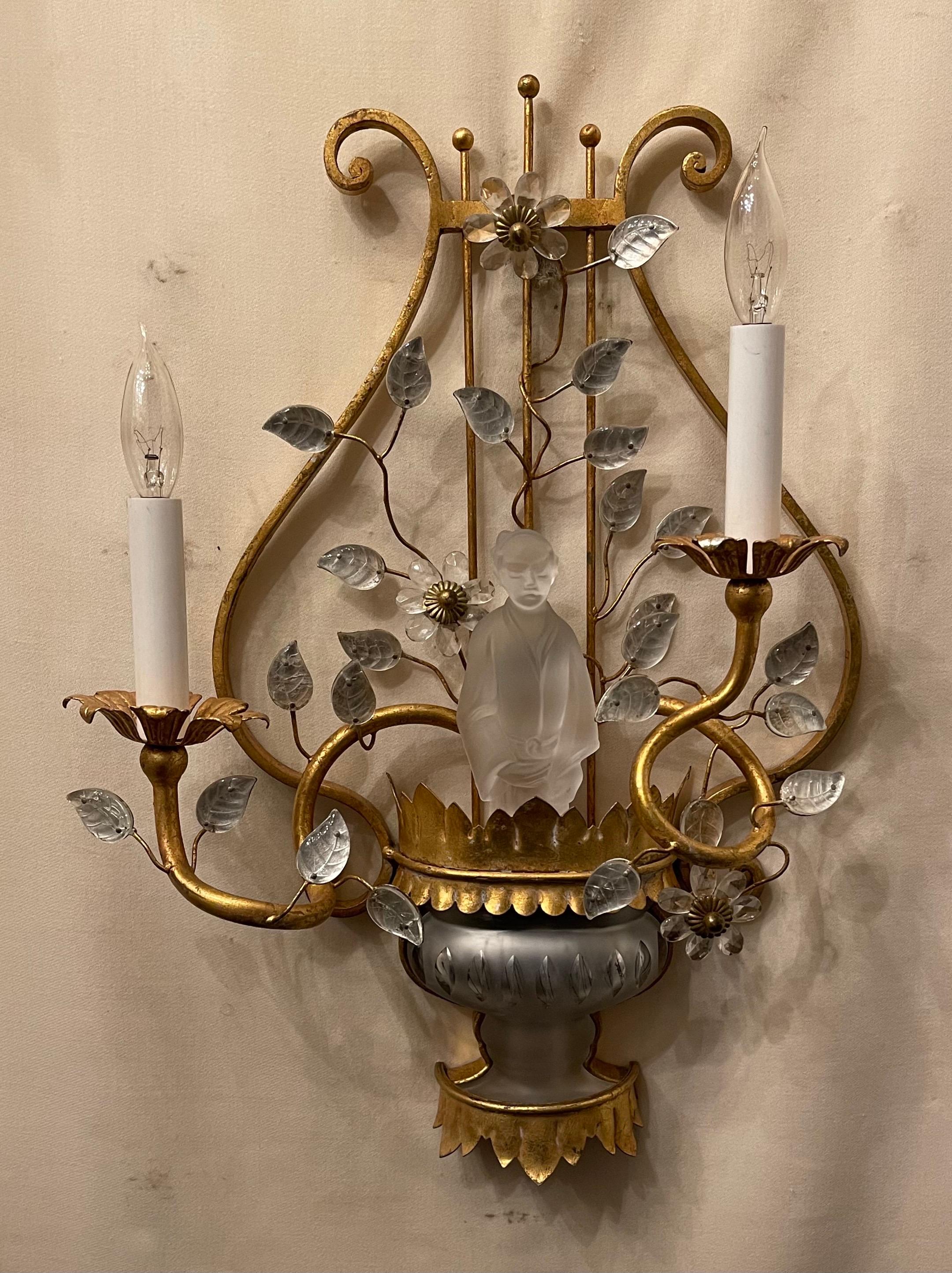 Wonderful Pair Of Maison Bagues / Sherle Wagner Manner Chinoiserie Gold Gilt Harp Back Two Candelabra Light Wall Sconces With Crystal Leaves And Removable Frosted Crystal Chinoiserie Figurines. 
Purchased In France, Wiring Is Up To Date And Ready