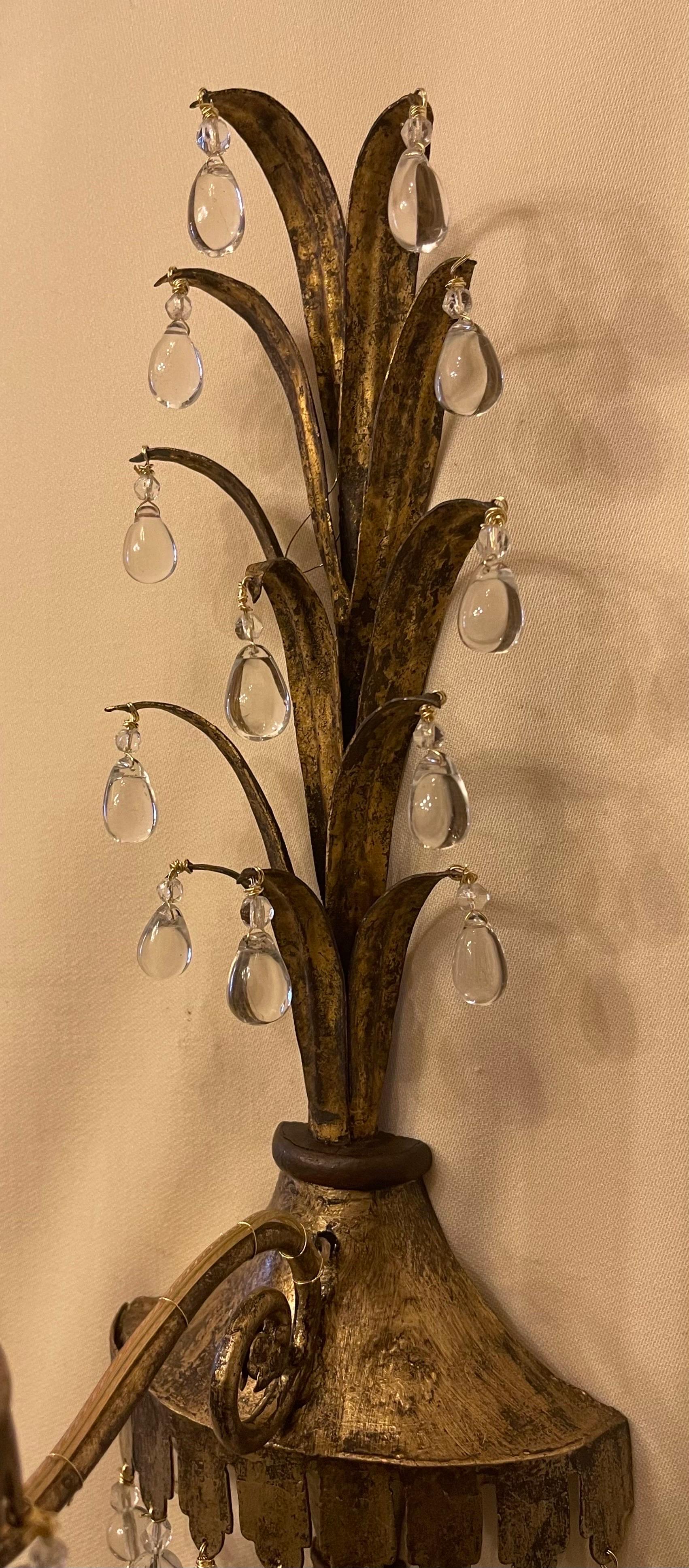 Italian Wonderful Pair Maison Baguès Crystal Beaded Gilt Tole Glass Leaf Spray Sconces