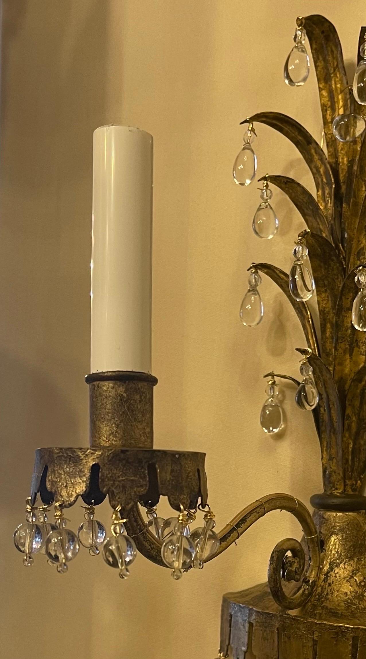 20th Century Wonderful Pair Maison Baguès Crystal Beaded Gilt Tole Glass Leaf Spray Sconces