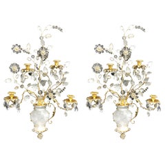 Wonderful Pair Maison Baguès Large Rock Quartz Crystal 4 Arm Urn Flower Sconces