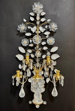 Wonderful Pair Maison Baguès Large Rock Quartz Crystal 5 Arm Urn Flower Sconces
