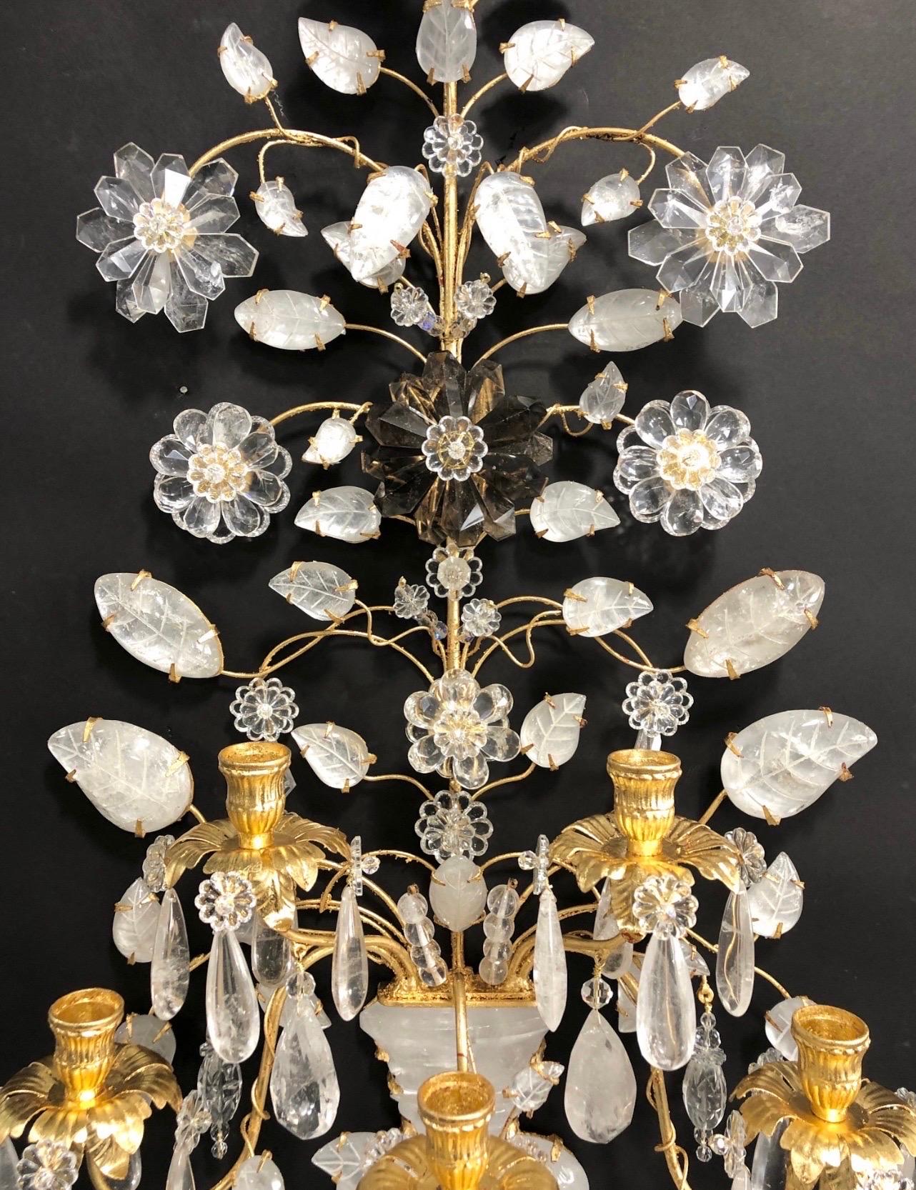 20th Century Wonderful Pair Maison Baguès Large Rock Quartz Crystal 5 Arm Urn Flower Sconces