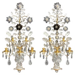 Wonderful Pair Maison Baguès Large Rock Quartz Crystal 5 Arm Urn Flower Sconces