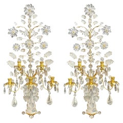Wonderful Pair Maison Baguès Large Rock Quartz Crystal 5 Arm Urn Flower Sconces