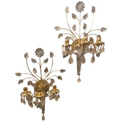 Wonderful Pair Maison Baguès Rock Crystal Flower Leaf Spray Gold Gilt Sconces