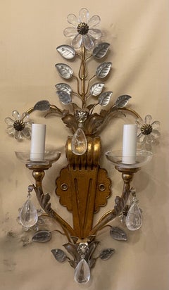 Wonderful Pair of Banci Rock Crystal Flower Leaf Spray Gold Gilt Sconces