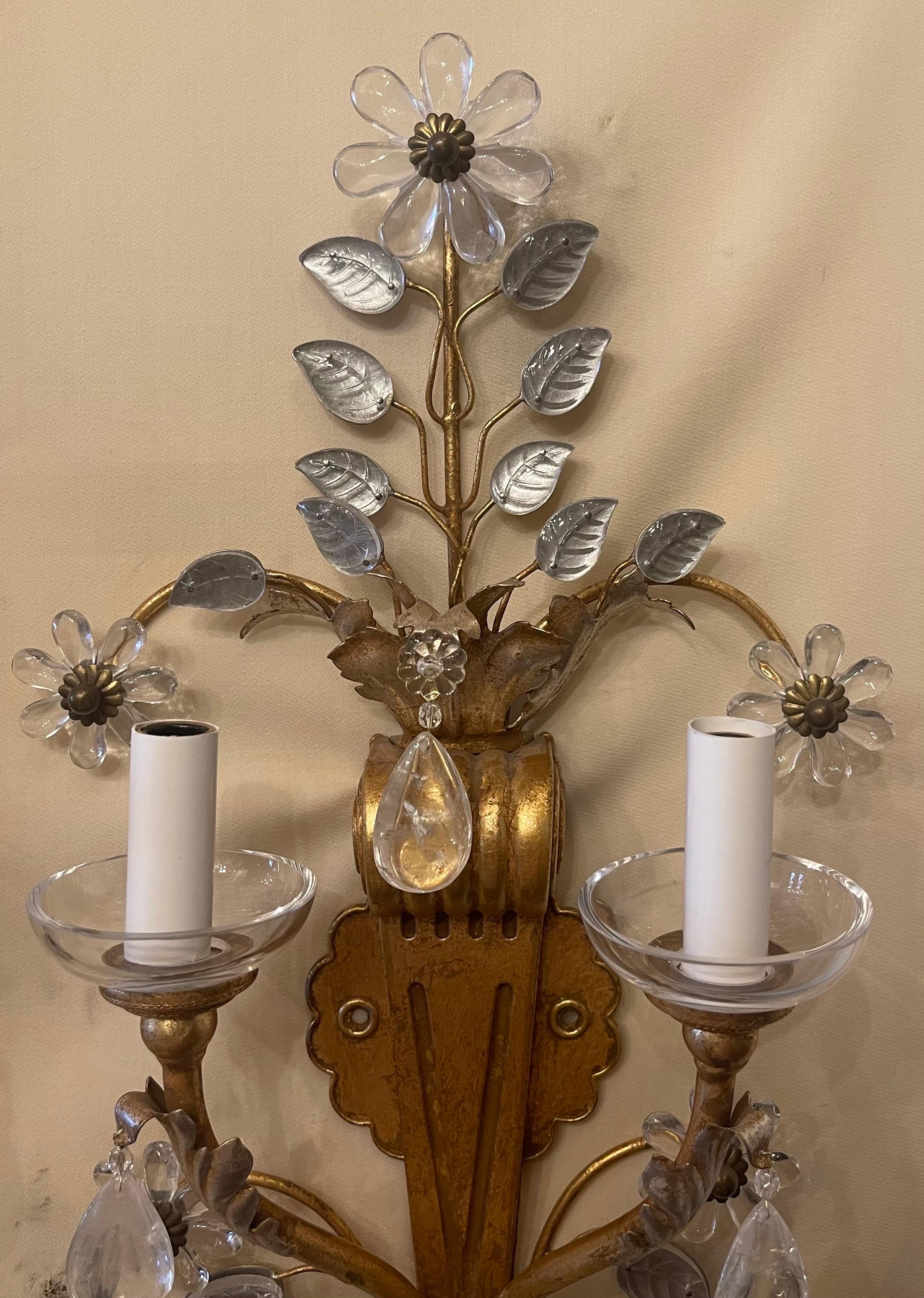 Mid-Century Modern Wonderful Pair Maison Baguès Rock Crystal Flower Leaf Spray Gold Gilt Sconces For Sale